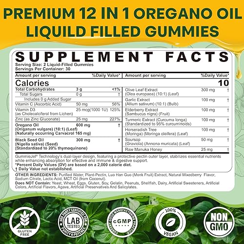 Miniatura 2 de Oregano Oil with Black Seed Oil Filled Gummies, 12 IN 1 Oil Of Oregano Supplement for Immune & Digestive w/ High Carvacrol & Thymoquinone, Olive