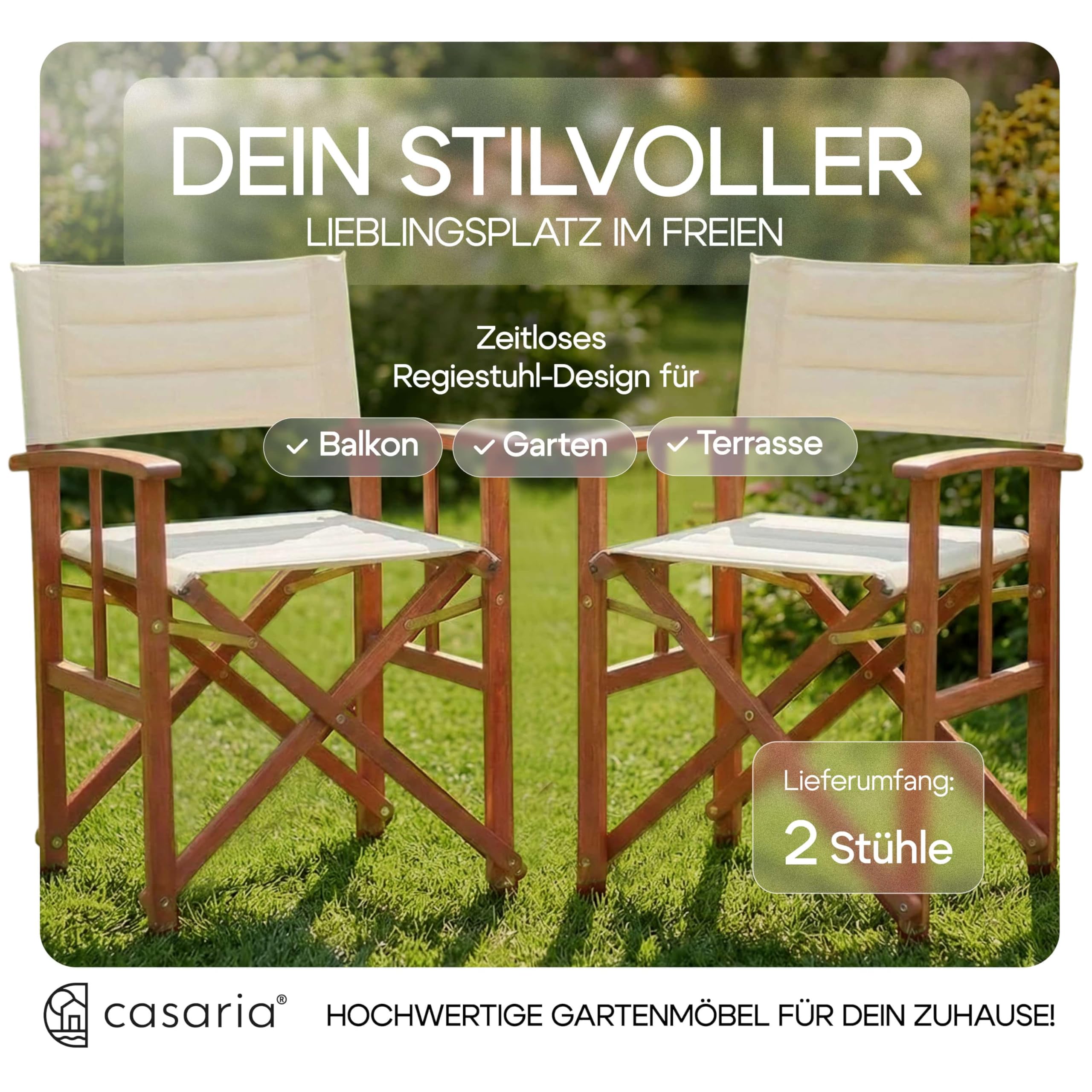 Casaria® Premium Regiestuhl 2er Set aus FSC®-zertifiziertem Eukalyptusholz - Gepolsterte Klappstühle mit Armlehnen, waschbarem Bezug & extra Sitzkomfort, bis 160 kg belastbar