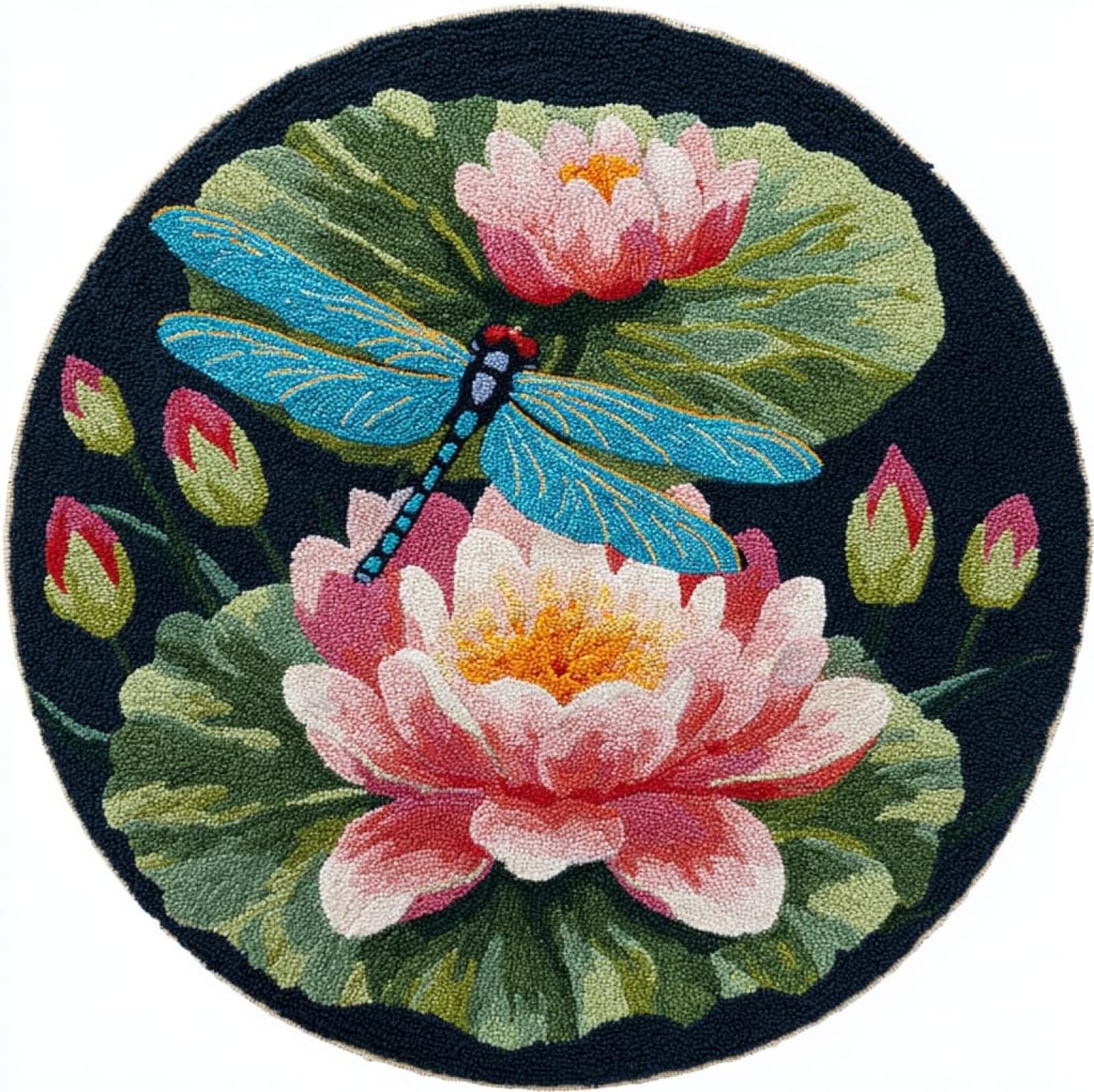 WallustrioaW DIY Carpet Latch Hook Kits,Dragonfly and Lotus,Latch Hook Rug Kits for Adults Beginners DIY Needlework Crocheting Rug Home Decor,50x50cm