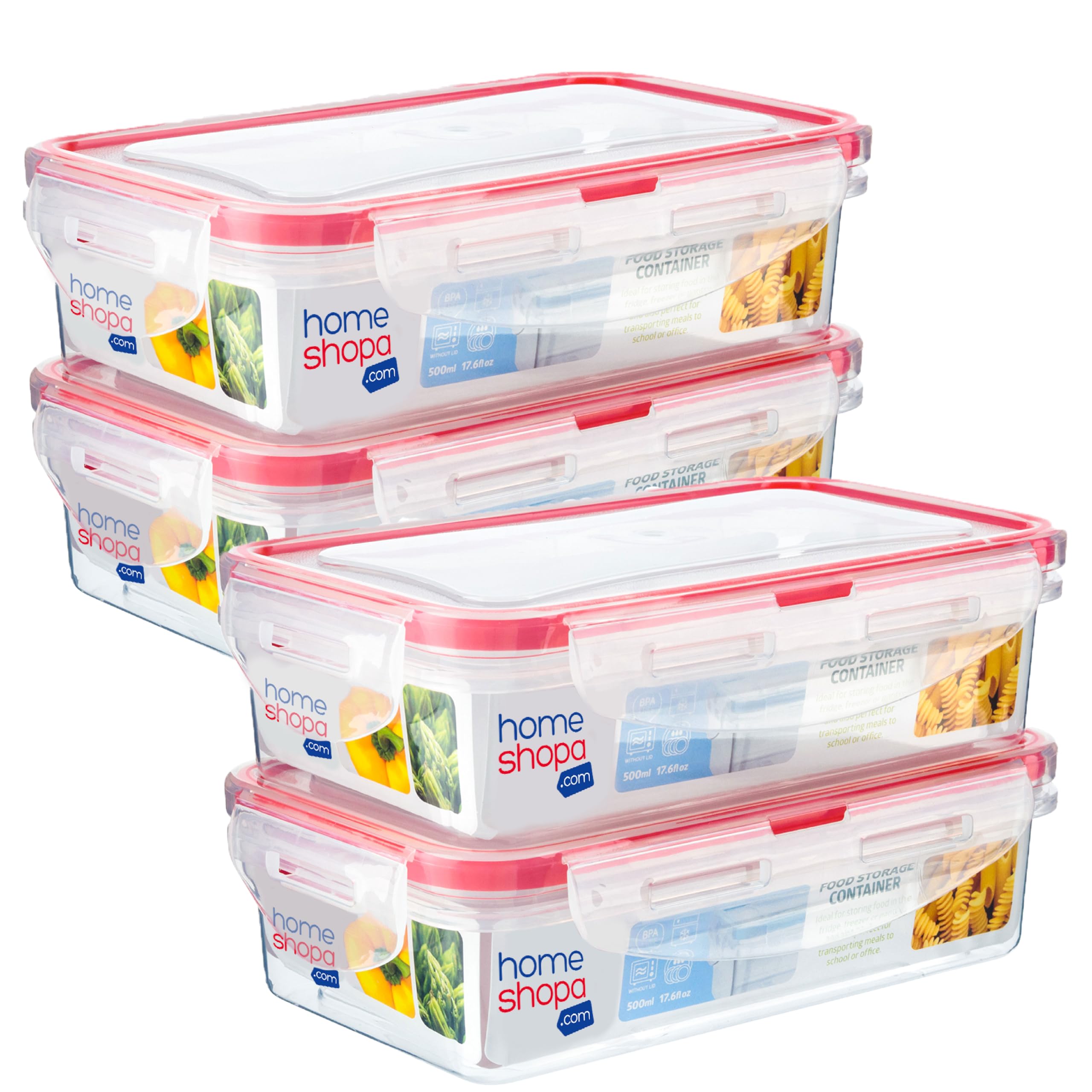 HOMESHOPA Plastic Airtight Food Storage Containers, 4 Pack 500ml BPA Free Leakproof Stackable Reusable Lunch Boxes, Meal Prep Container for Kitchen & Pantry, Microwave Freezer Dishwasher Safe