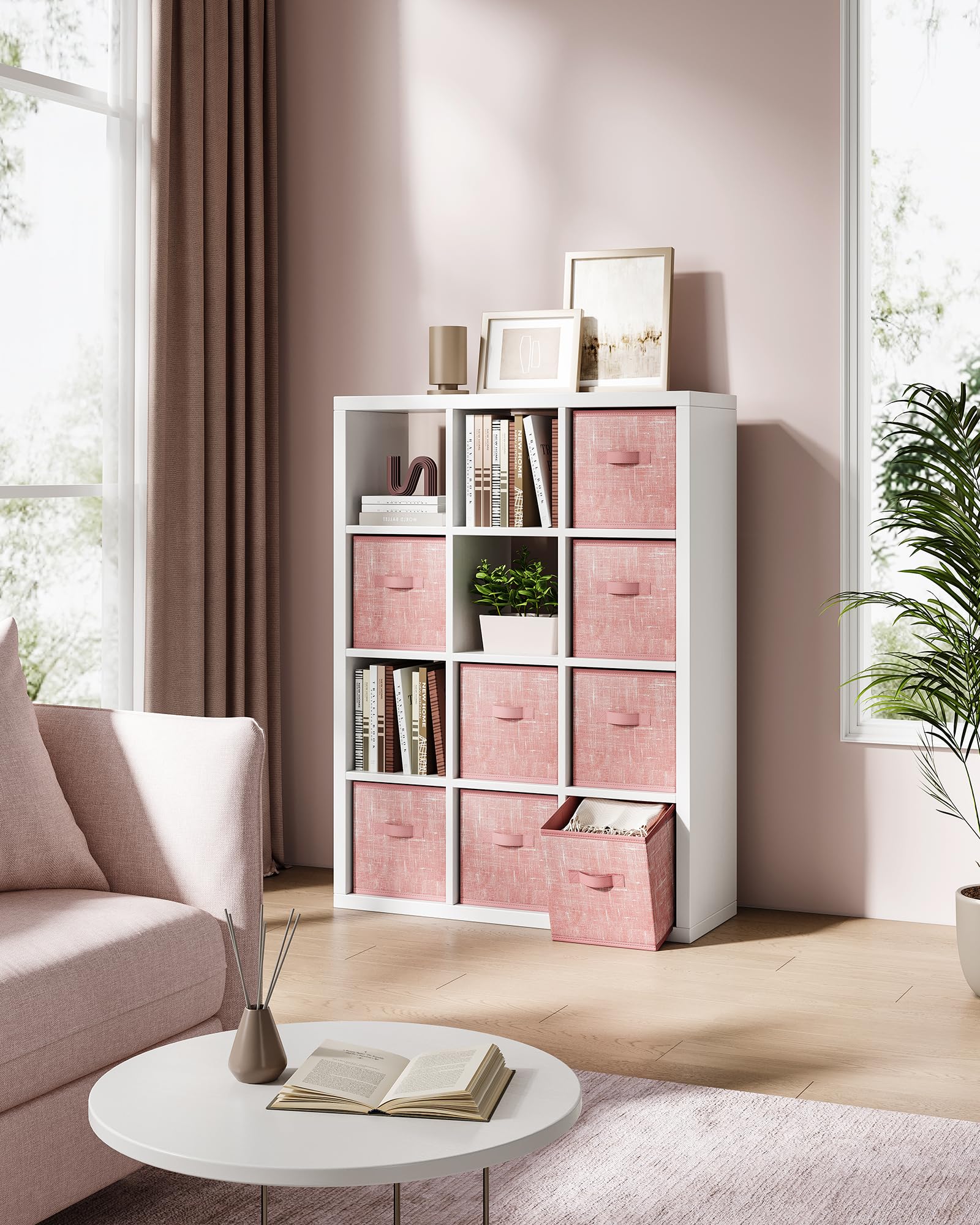 SONGMICS Set di 8 cubi portaoggetti in tessuto non tessuto con doppi manici da 27,9 cm, organizer per armadio, per mensole, pieghevoli, per vestiti, rosa gelatina UROB826R01