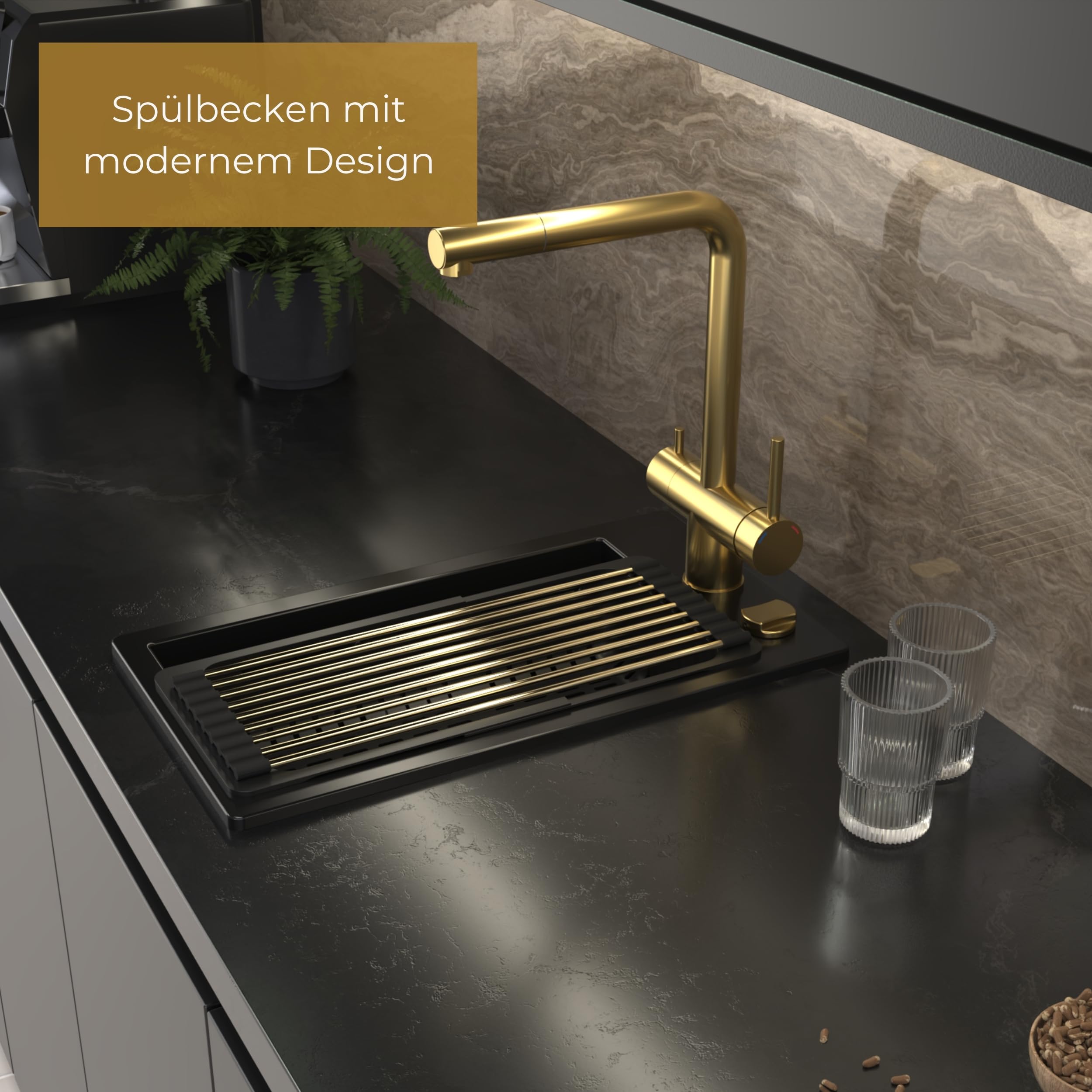 SINK QUALITY Évier de cuisine, petit, noir, 28 x 50 cm, étroit, avec siphon Push noir et agent d'imprégnation, petit évier en granit pour armoires inférieures à partir de 40 cm, encastrable