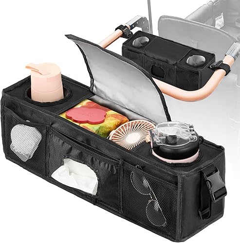 Organizador de cochecito de consola para padres de 2 o 4 plazas, consola acolchada para padres con hebillas y bolsillo principal grande de