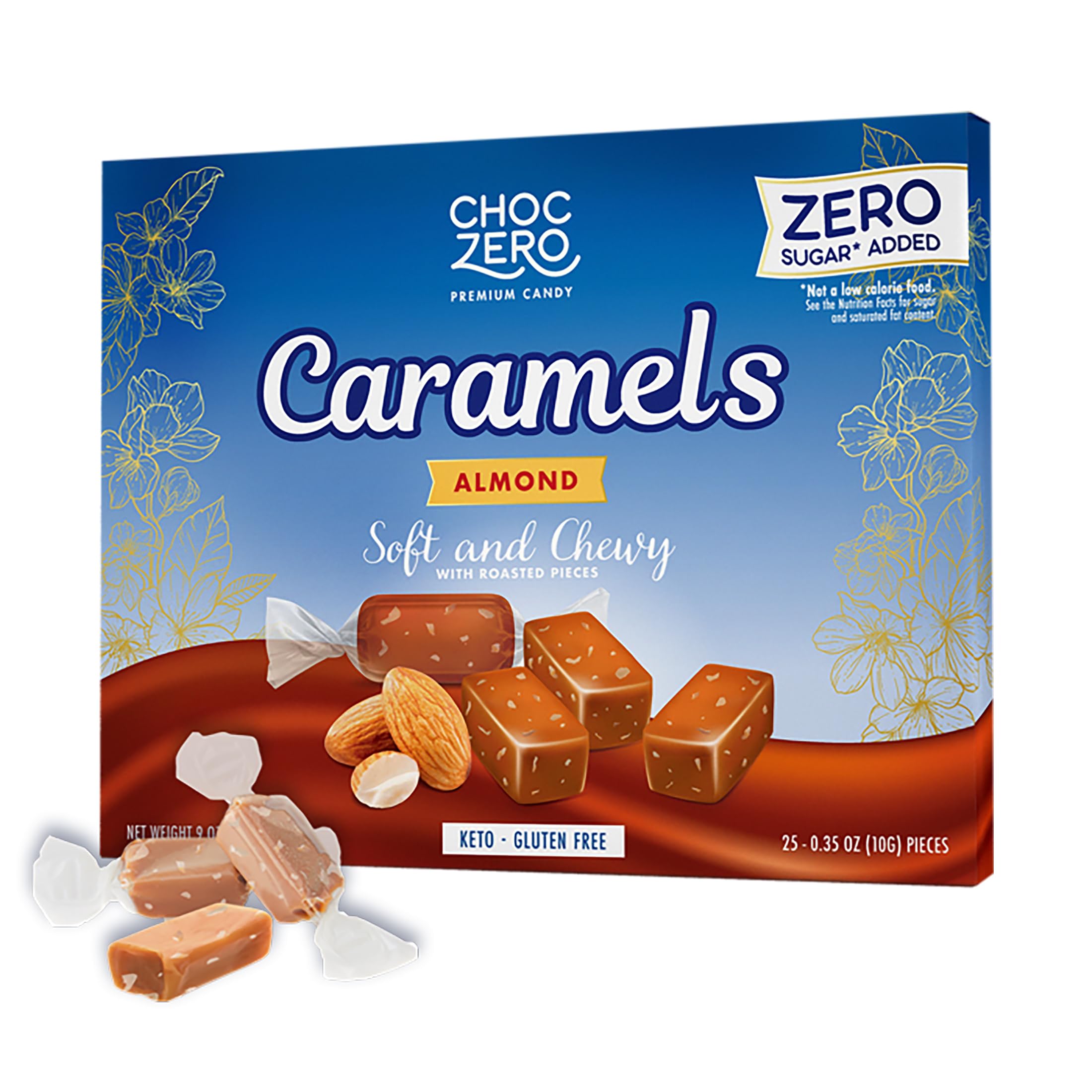 ChocZero Sugar Free Almond Caramels, Soft and Chewy with Roasted Almonds, Keto Candy, All Natural, Low Carb Snack (9oz Box)