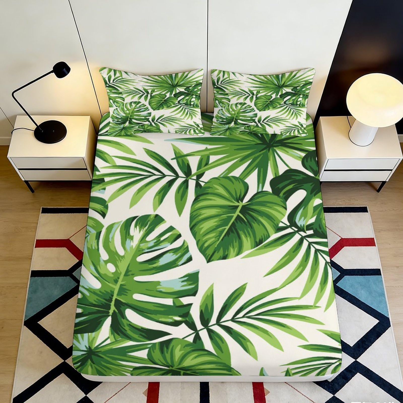 Pnayamiorkfel Style-1 3D Printed Tropical Leaf Fitted Sheet Microfiber Soft Green Botanical Mattress Cover For Bedroom Guest Room Decor 90X200x25cm