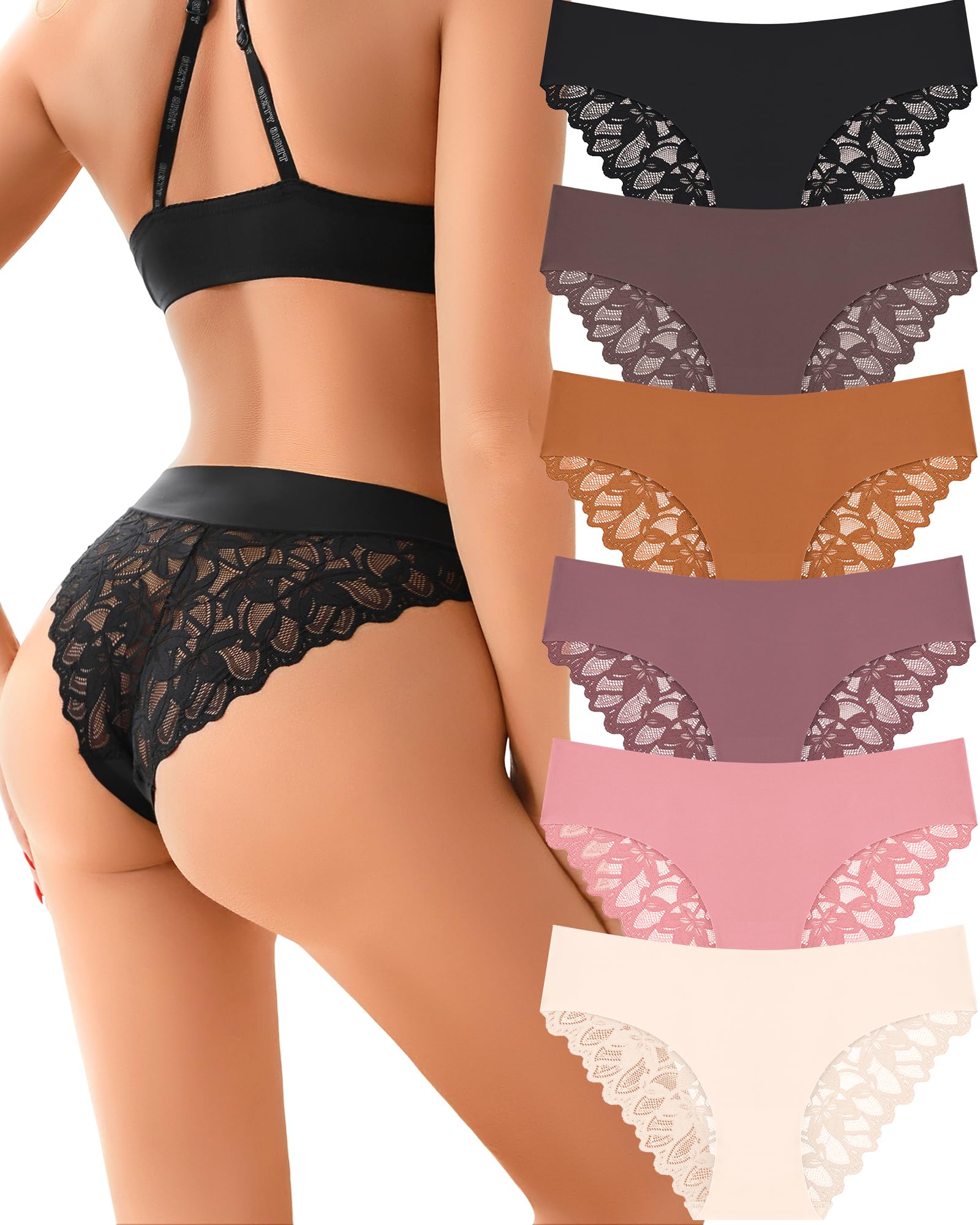 UNDER THE SEA Sexy Cheeky Underwear for Women Seamless Soft Lace Hipster No Show Ladies Bikini Womens Panties 6 Pack S-XL