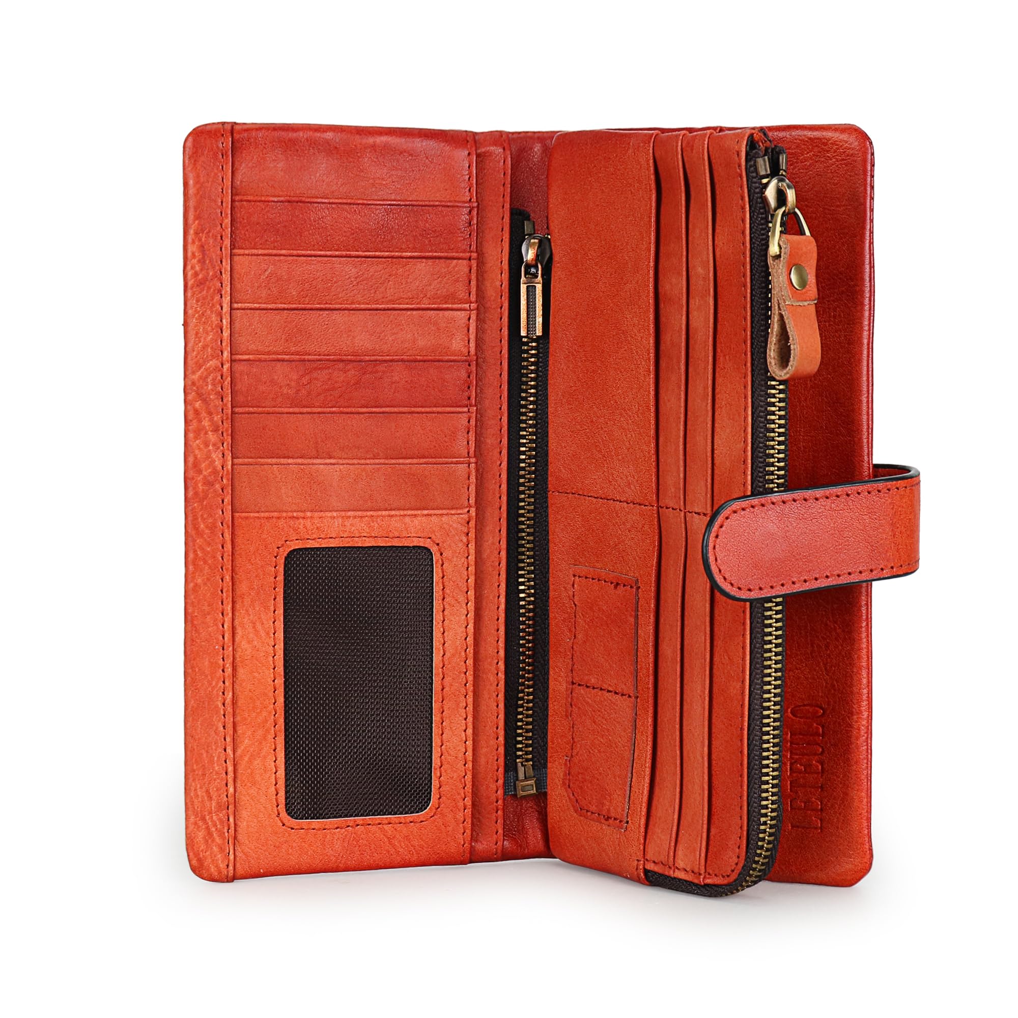 VRHUIS Women RFID Blocking Wallet Leather Vintage Large Capacity Credit Card Clutch Red