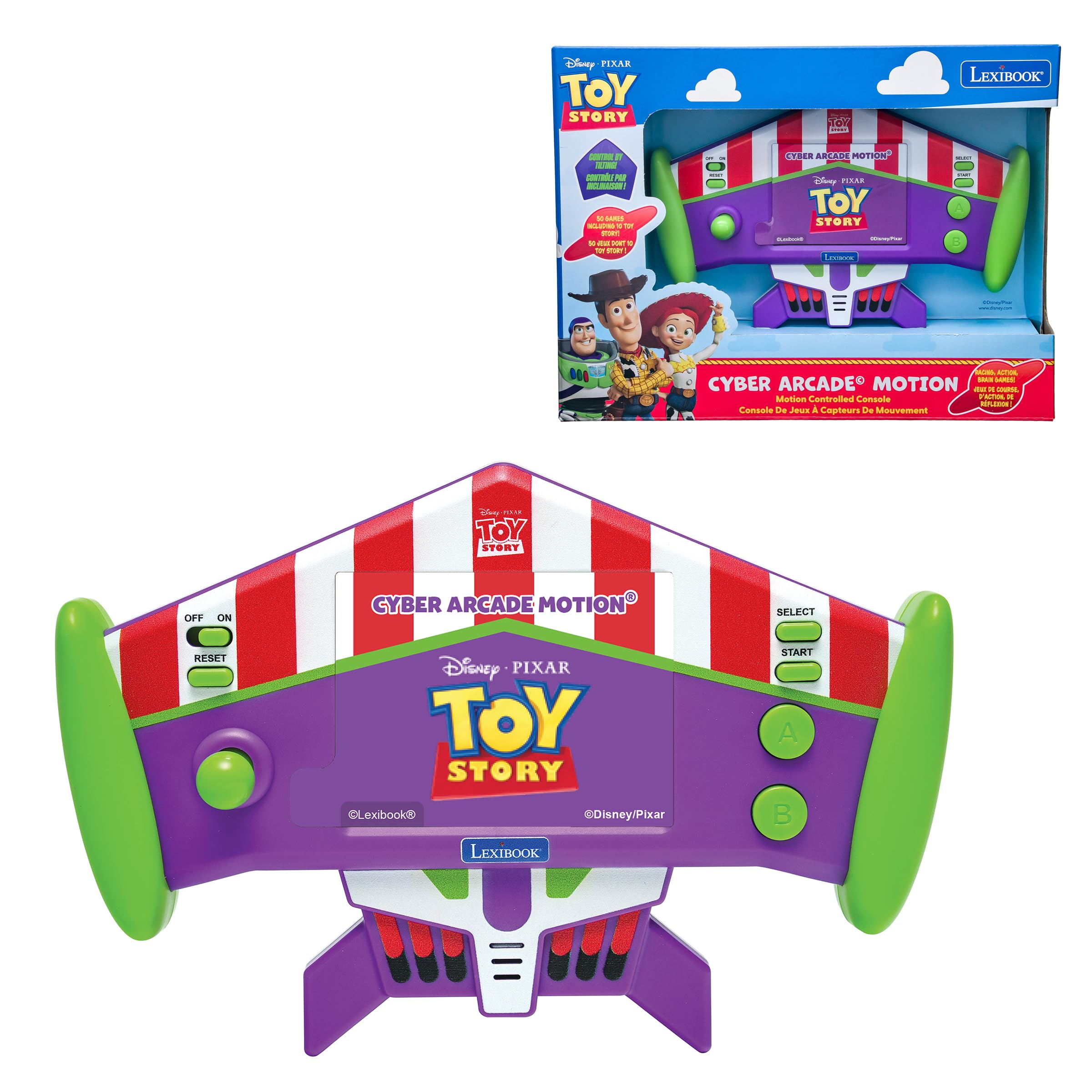 Lexibook, Disney Toy Story, Przenośna konsola Cyber Arcade Motion®, 50 gier, w tym 10 z Toy Story, Sterowanie, Kolorowy ekran LCD 2,8 cala, Regulacja dźwięku i jasności, Fioletowo-zielona, JL3180TS