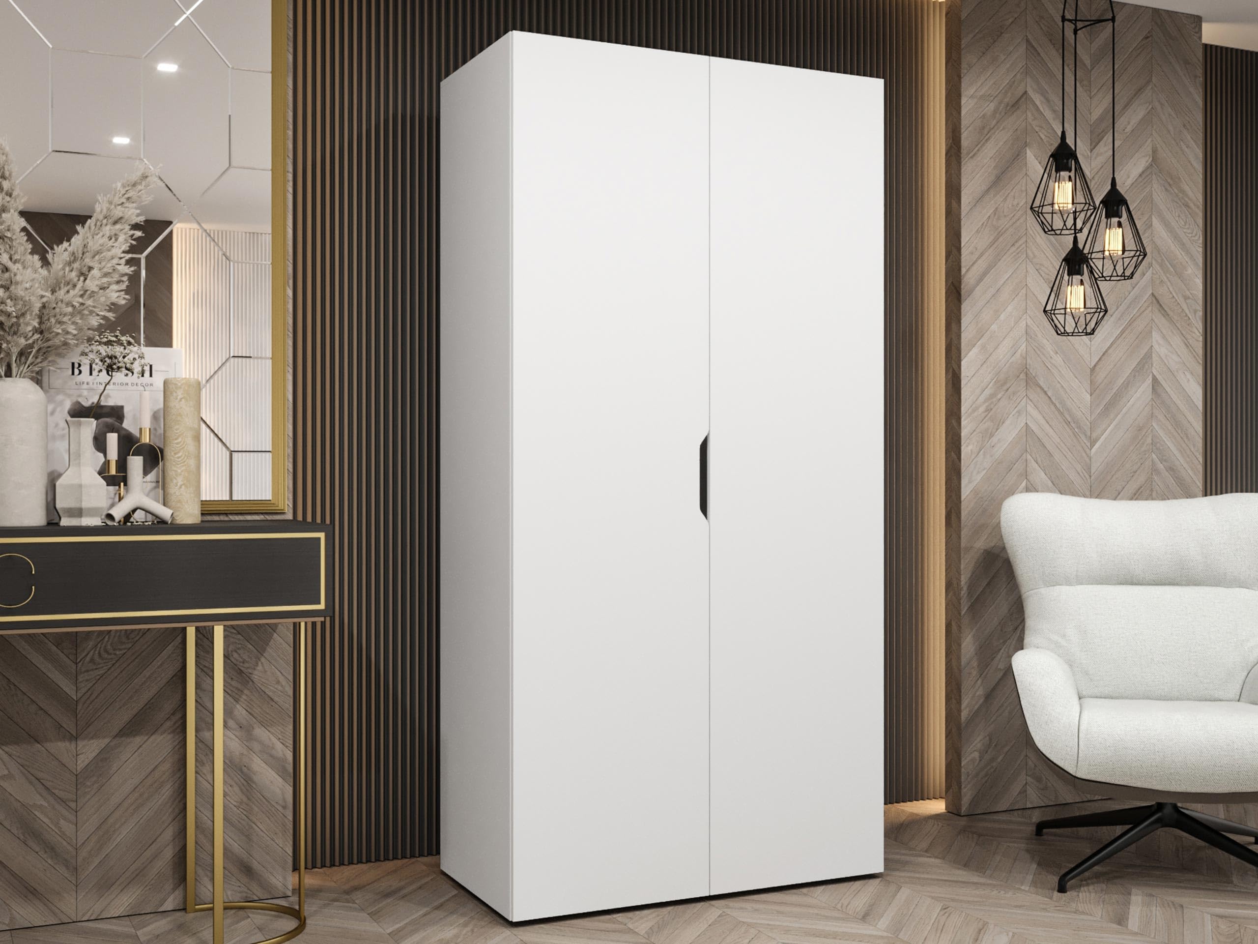 Mirjan24 Kleiderschrank mit Einlegeböden und Kleiderstange Midere 100, Vielseitiger Drehtürenschrank, Elegantes Kleiderschrank 2-türig (Weiß)