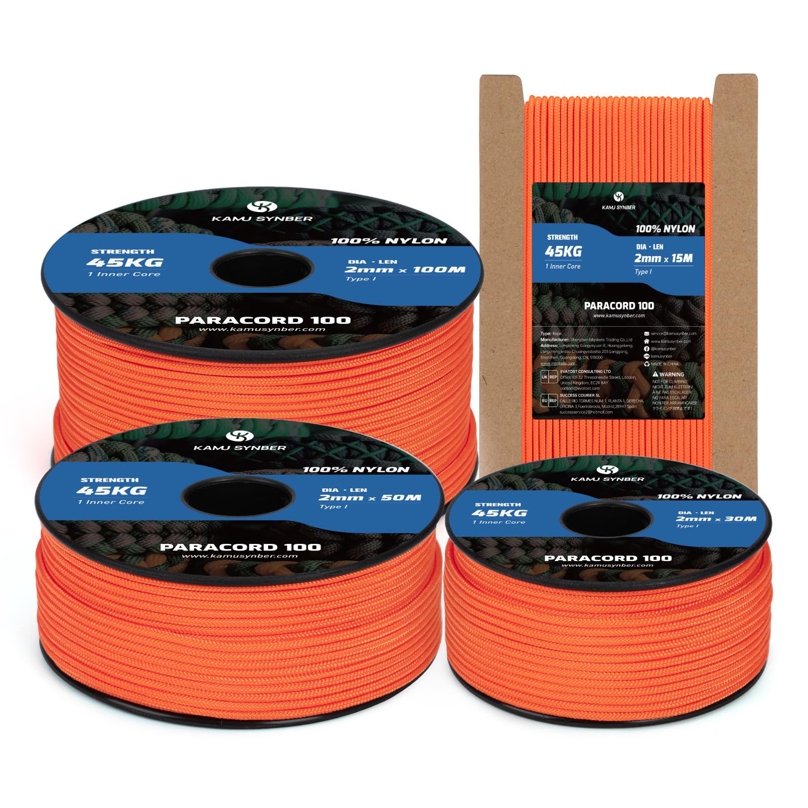 Kamu Synber 2mm Paracord 100M 100% Nylon Rope 1 Strand Type I Parachute Cord for Crafting, Outdoor, DIY, Camping | Support 45kg | Orange