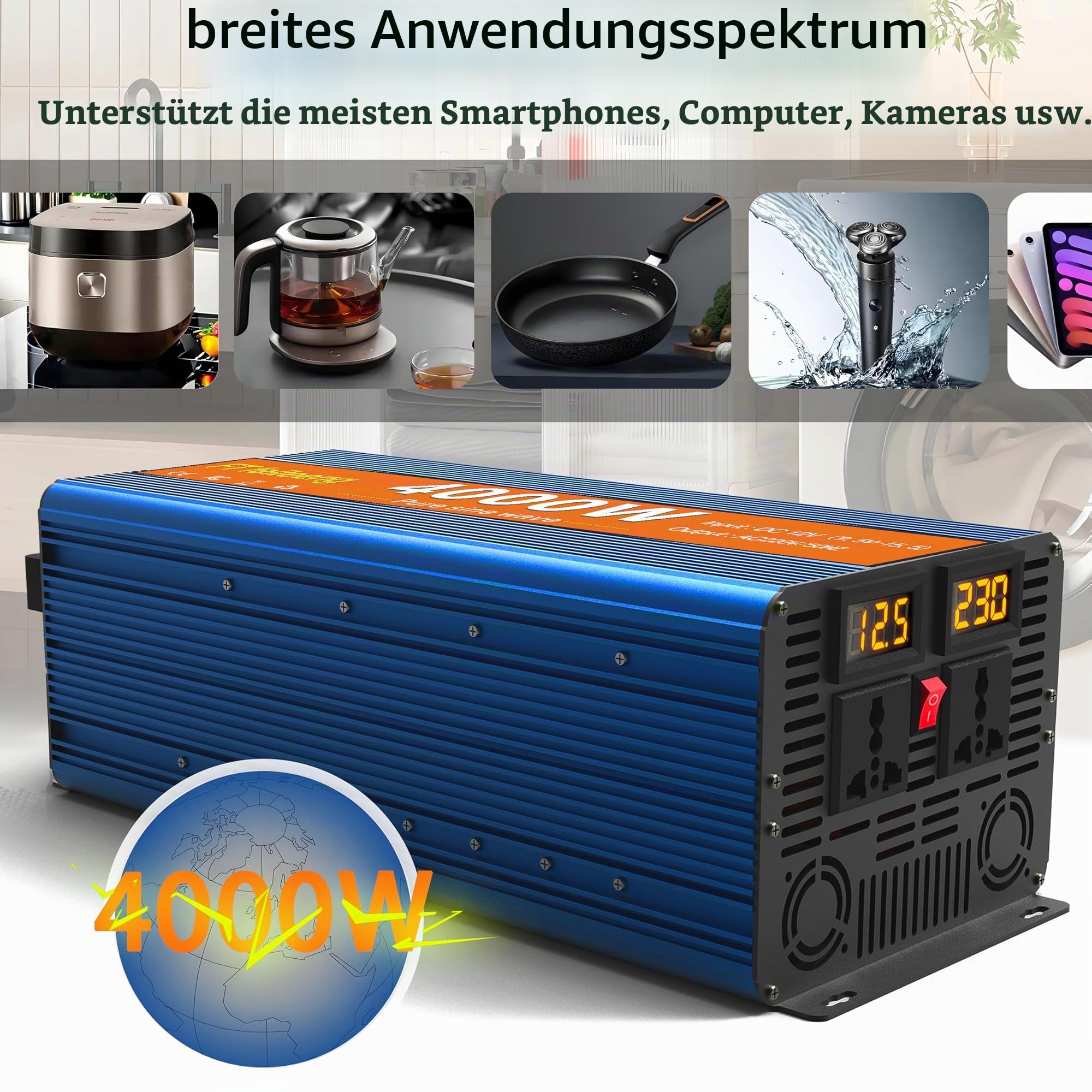 4000W/8000W (Peak) Wechselrichter Reiner Sinus 12V auf 230V，Solar Power Inverter mit 2 LCD-Bildschirme, 2 AC Steckdosen，KFZ Spannungswandler für Fahrzeuge Solar Auto Wohnmobil Haushaltsgeräten