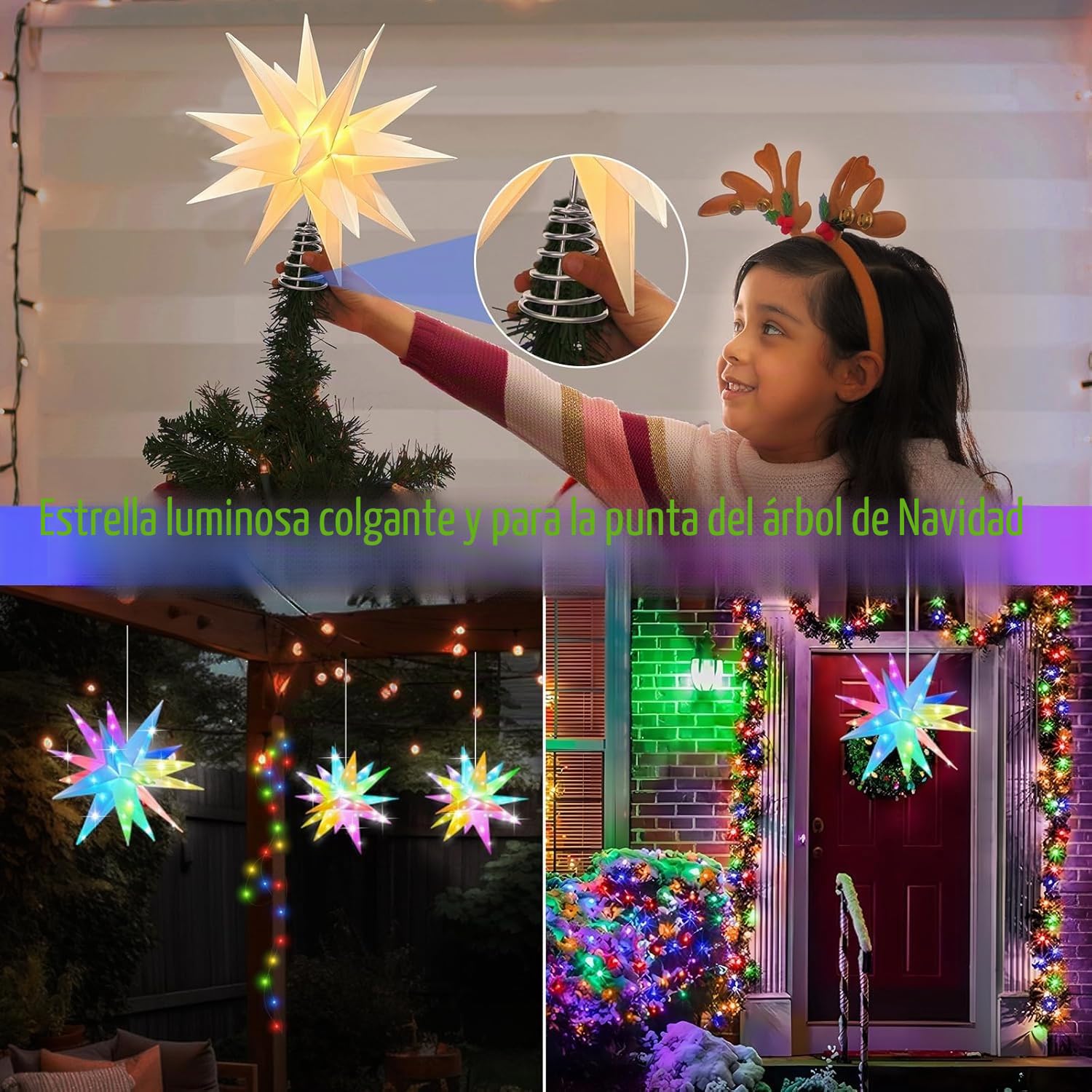 Estrella Arbol de Navidad 3D iluminada,Decoracion arbol de Navidad iluminada Inteligente de 10‘’ en Punta de árbol, Control por aplicación Bluetooth, sincronización de música