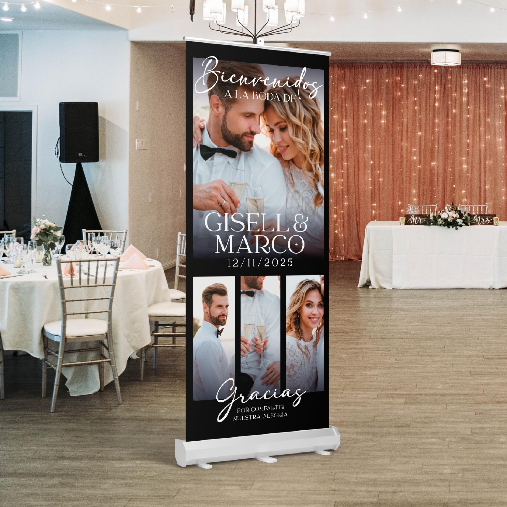 Roll Up Personalizado 85x205cm para Boda con Estructura Metálica + Lona 510gr - Personaliza Textos y Fotos - Incluye Maletín Transportador – Ideal para Bodas de Oro, Plata, Aniversarios y Eventos