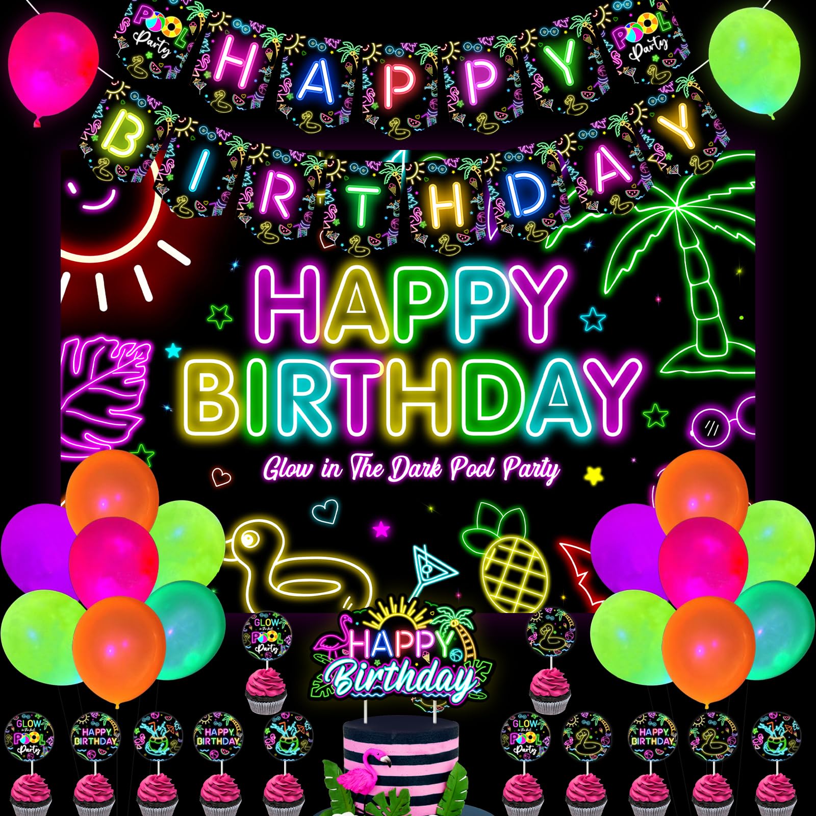 Wonmelody Happy Birthday Banner Glow In The Dark Pool Party Banner 1st 2nd 3rd Birthday Wall Decor Hawaiian Party Coconut Tree Beach Ball