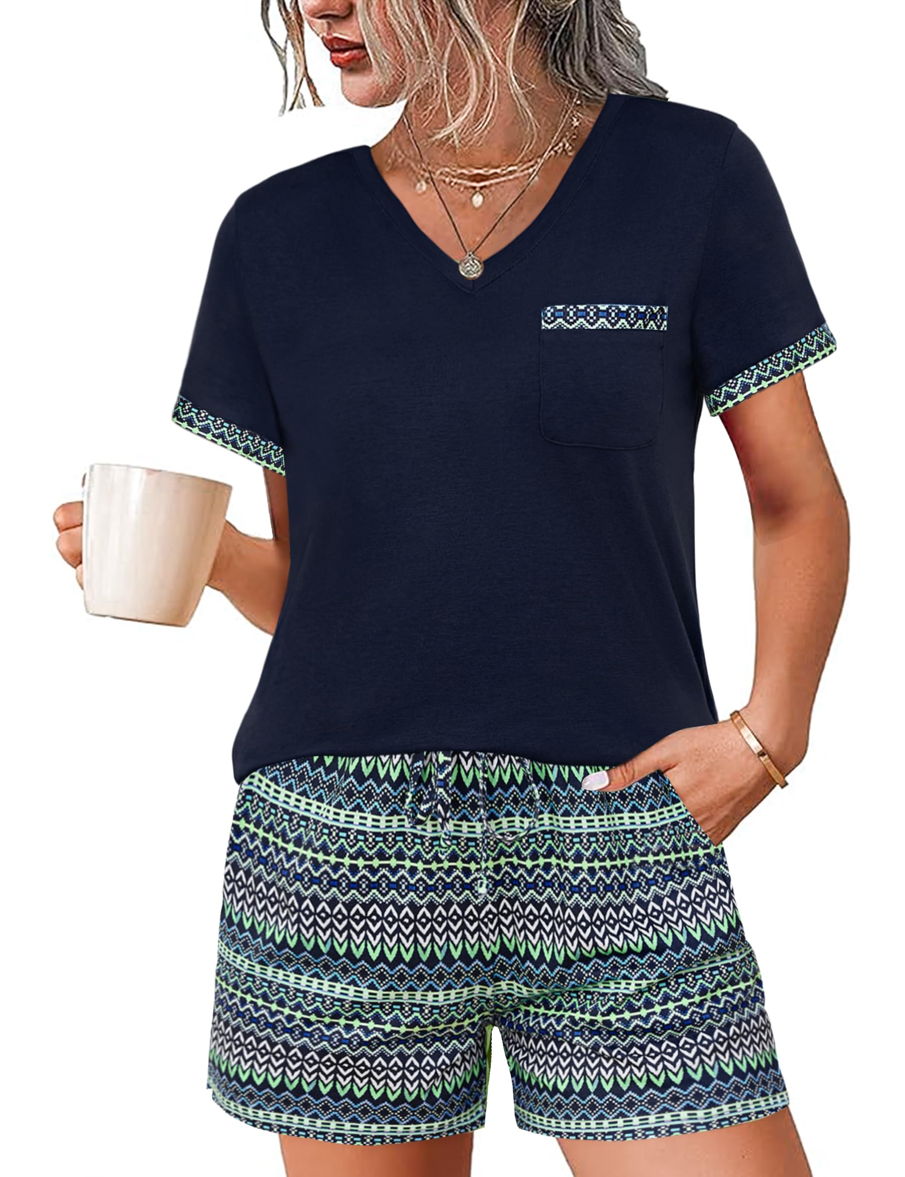 Jahetuul Schlafanzug Damen kurz Pyjama Damen Sommer Schlafanzüge für Damen Nachtwäsche Frauen kurzer Shorty Pijamas Schlafshorts einzigartiges Muster