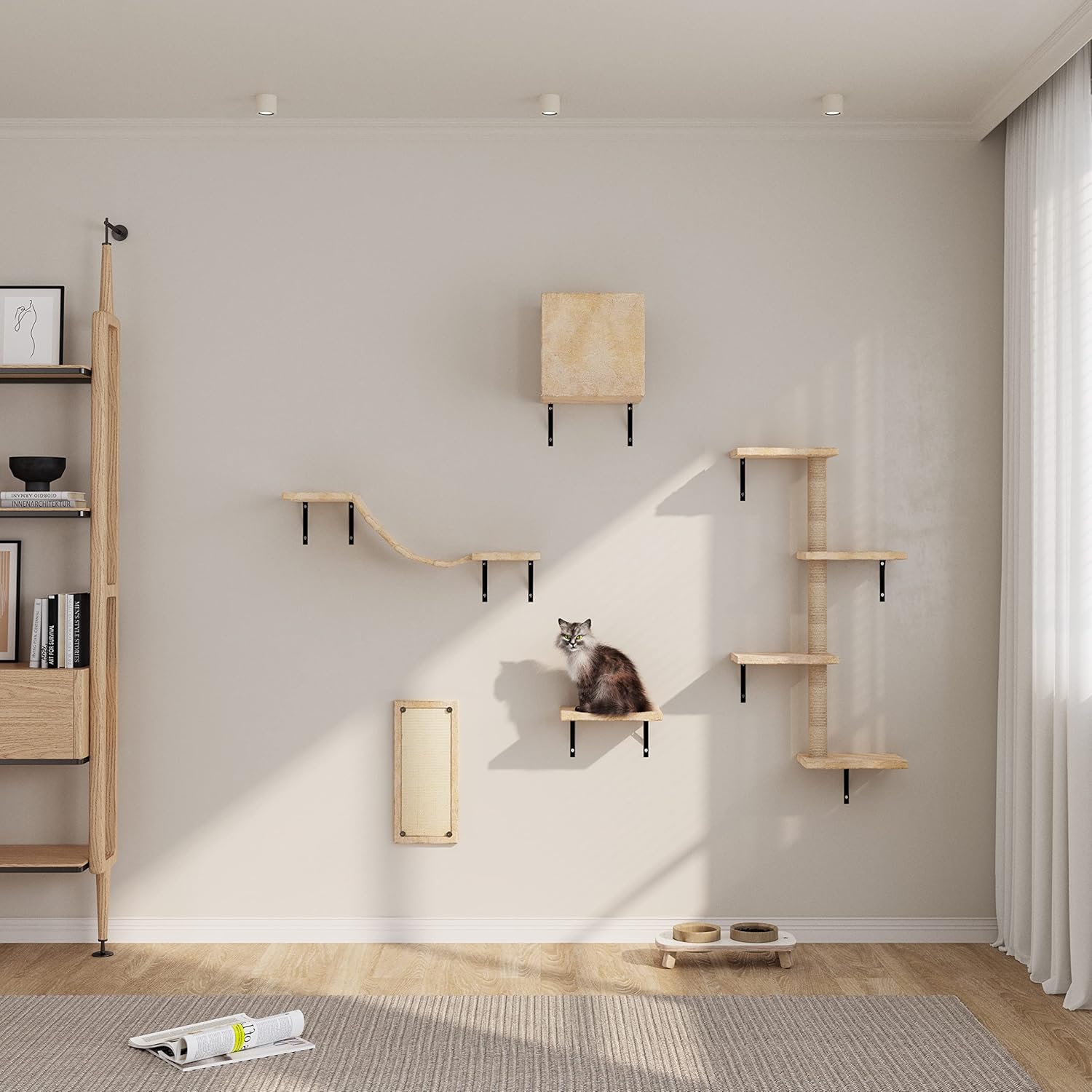 Cat Tree Wall Mounted Furniture DIY Set Climbing Shelves for Kitty Play & Relaxing - Includs Scratching Board, Connect Bridge, House and Scratching Posts, Beige Plush