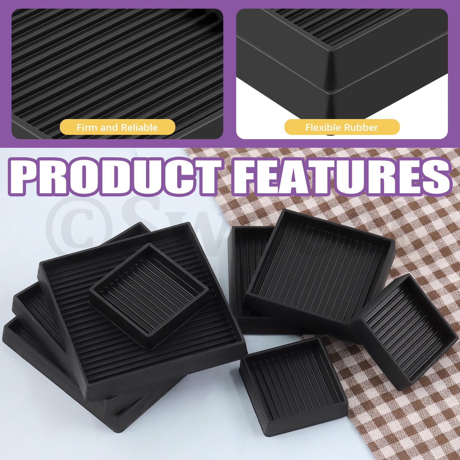 Swpeet 4Pcs 4" x 4" Square Black Rubber Anti Skid Caster Cups Non Slip Furniture Pads Kit, Anti-Slip Gripper - Image 4