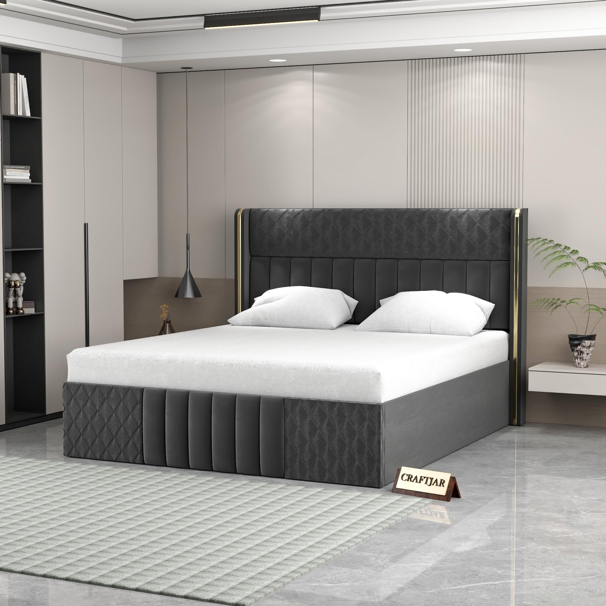 Wooden Modern Upholstered King Size Bed for Bedroom | Wooden Double Bed with Box Storage | Platform Cot Upholstered Bed with Upholstery Fabric | Engineered Wood(6.5 x 6 Ft, Dark Grey)-image-27