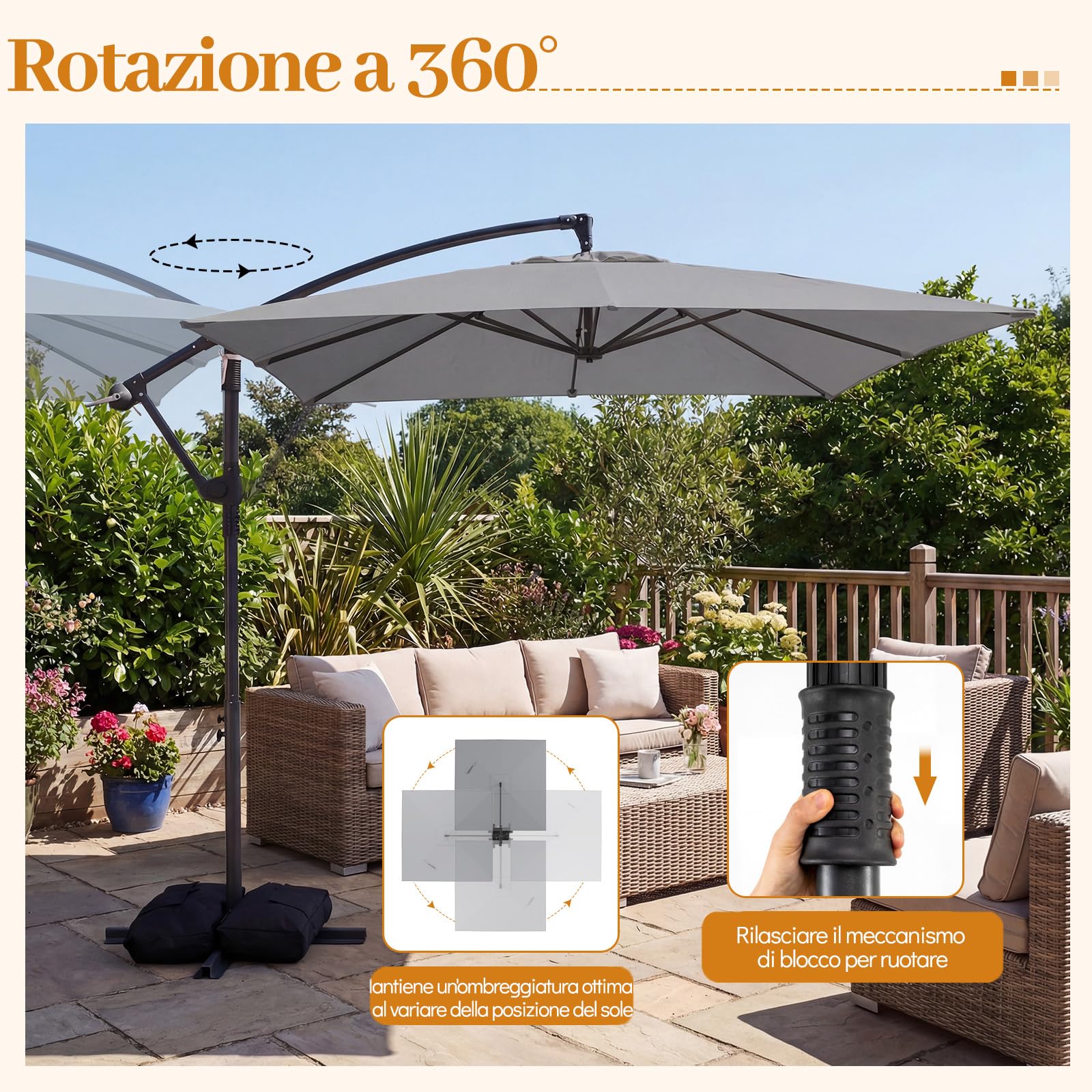 COSTWAY Ombrellone da Giardino 250 cm, Tettuccio Girevole e Ventilato | Protezione Solare, Resistente, Portatile, Sacchi di Sabbia, per Balcone, Esterno, Spiaggia (Grigio, 0 Luce LED)
