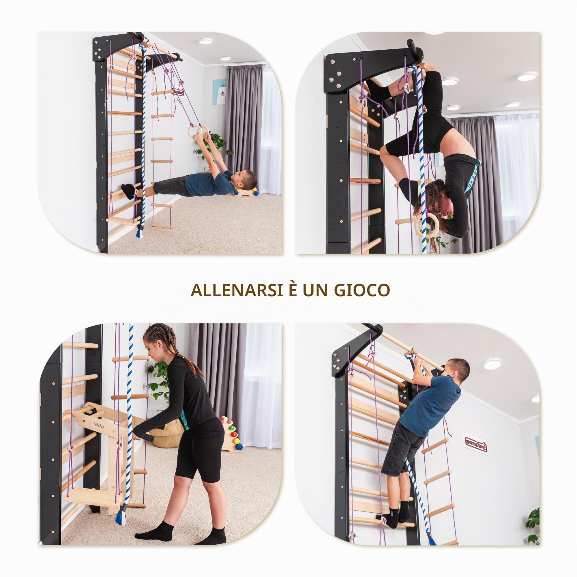 Scala svedese nera con barre parallele per bambini e adulti - Parete da arrampicata in legno, attrezzatura fitness multifunzione con tetto, anelli, scala, altalena e prese per dip strette