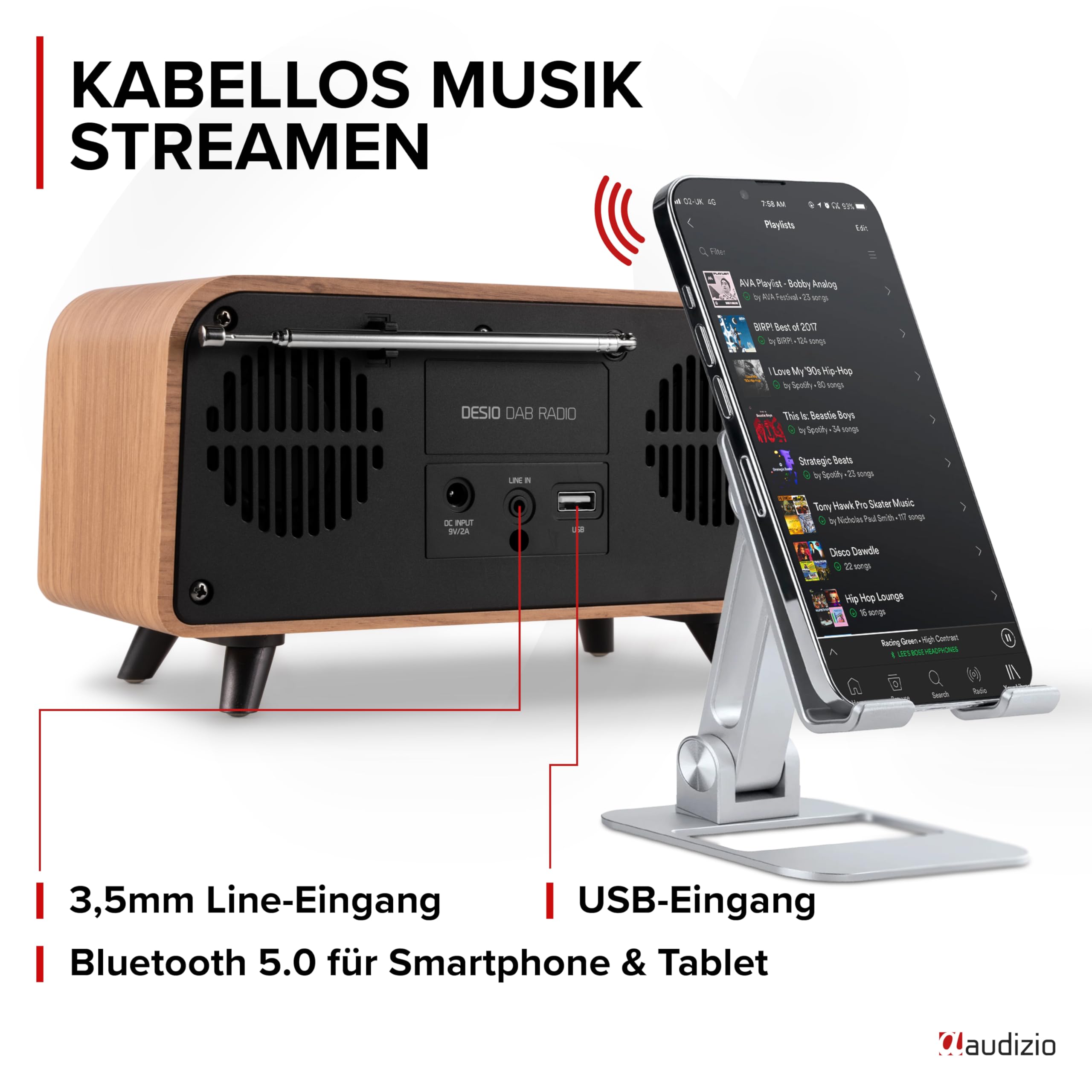 Audizio Desio - DAB Radio mit Bluetooth 5.0 - Stereo DAB Plus Radio mit Fernbedienung, 50 Speicherplätze, Auto Scan, Line-Out, USB, AUX, Retro-Look für Zuhause, Einfache Bedienung, 30 W - Hell