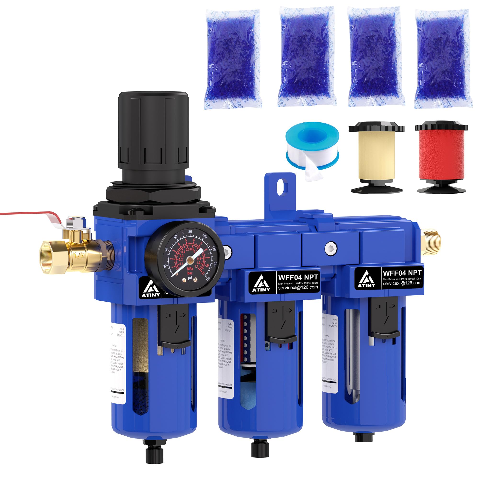1/2 Inch NPT Three Stage Air Drying System,air Pressure Regulator with 5＆0.01 Micron Filter Cartridge，Desiccant Dryer & Air Regulator, Metal Bowl