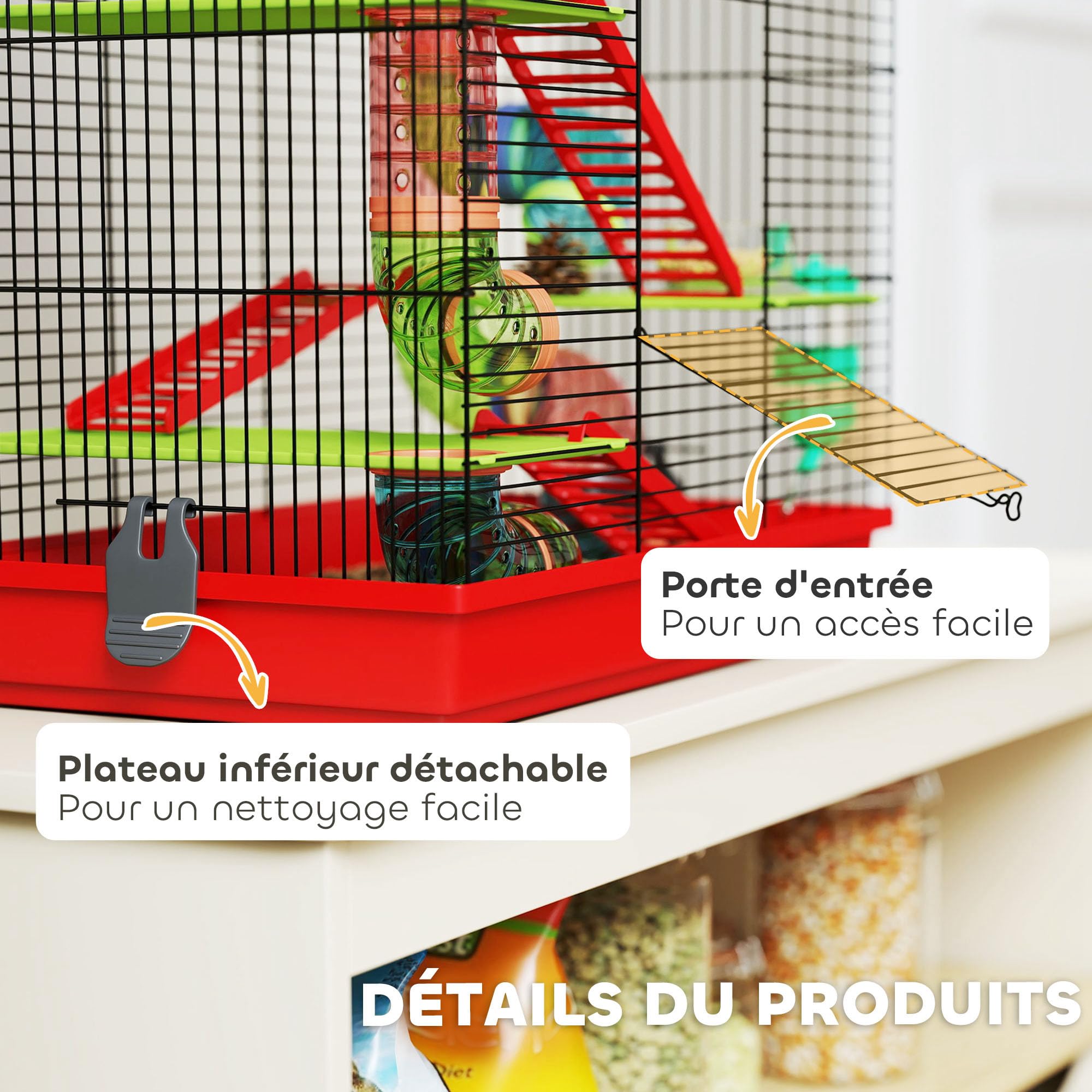 PawHut Gabbia per criceto topo piccolo animali roditore con tunnel mangiatoia ruota giocattolo 47 x 30 x 59 cm, rosso