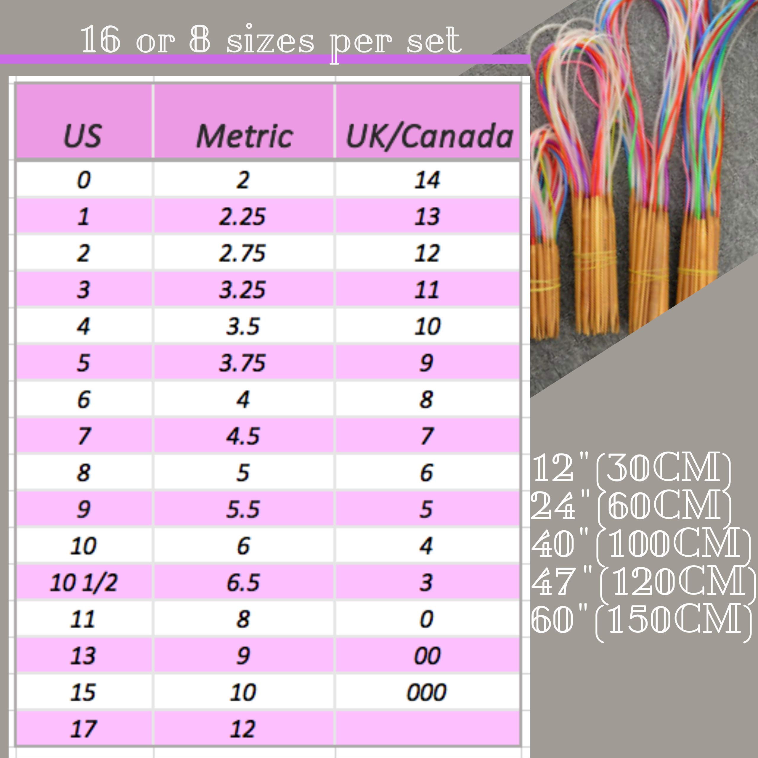 KnitPal - Juego de agujas circulares de bambú de 100 cm (16 pares, libro electrónico para principiantes, bolsa de almacenamiento, 16 tamaños US 0-17 (2-12 mm)