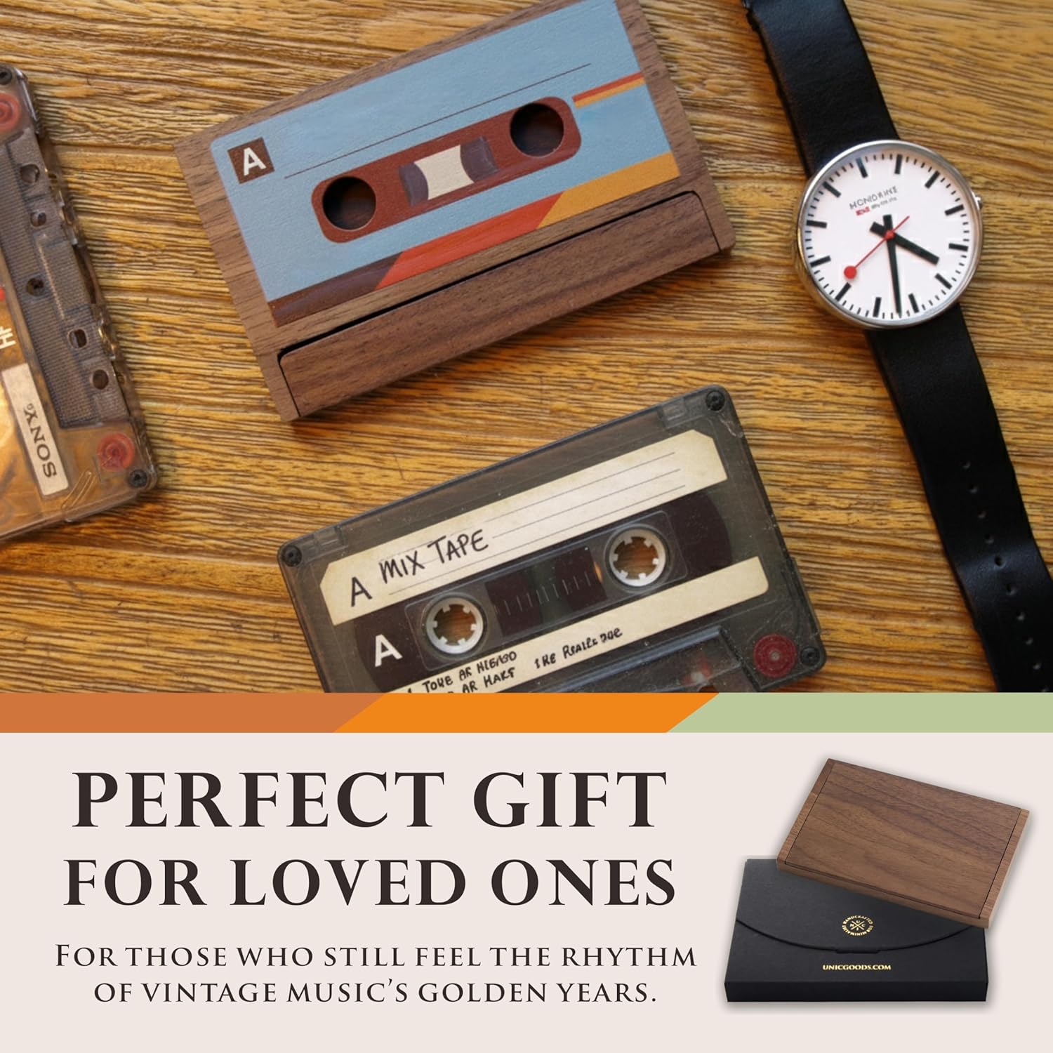 UNIC Retro Cassette Tape Business Card Holder – Natural Walnut Wood Vintage Design, Holds 15–20 Business Cards or 3–4 Credit Cards, Nostalgic Desk Display Stand for Music Lovers and Collectors