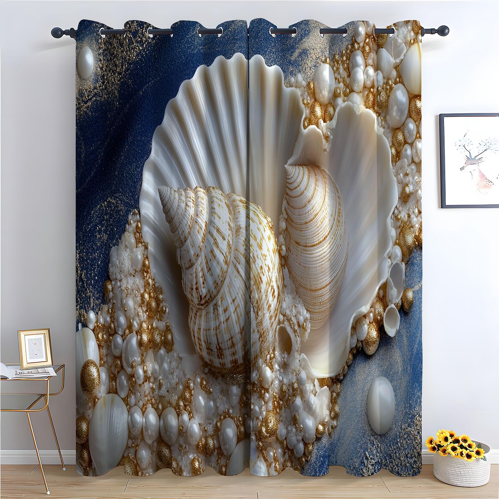 TERUEA Fabric Curtains for Washable Quick-Dry Luxury white seashells golden pearls glitter sand Curtains Thermal Blackout Curtains-52 W x 108" L (Pack of 2)