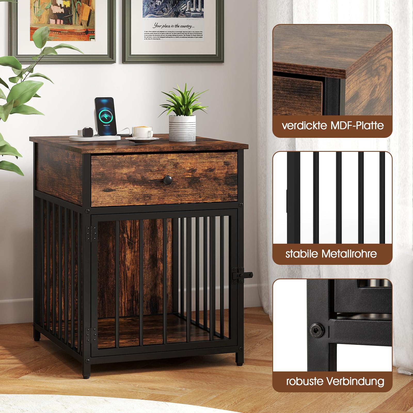GOPLUS Hundekäfig Möbel, 60 cm Hundebox für zuhause, Hundehütte Metal für Haustiere mit Ladestation, abschließbare Tür, Indoor-Haus für kleine und mittelgroße Hunde, für Schlafzimmer & Badezimmer