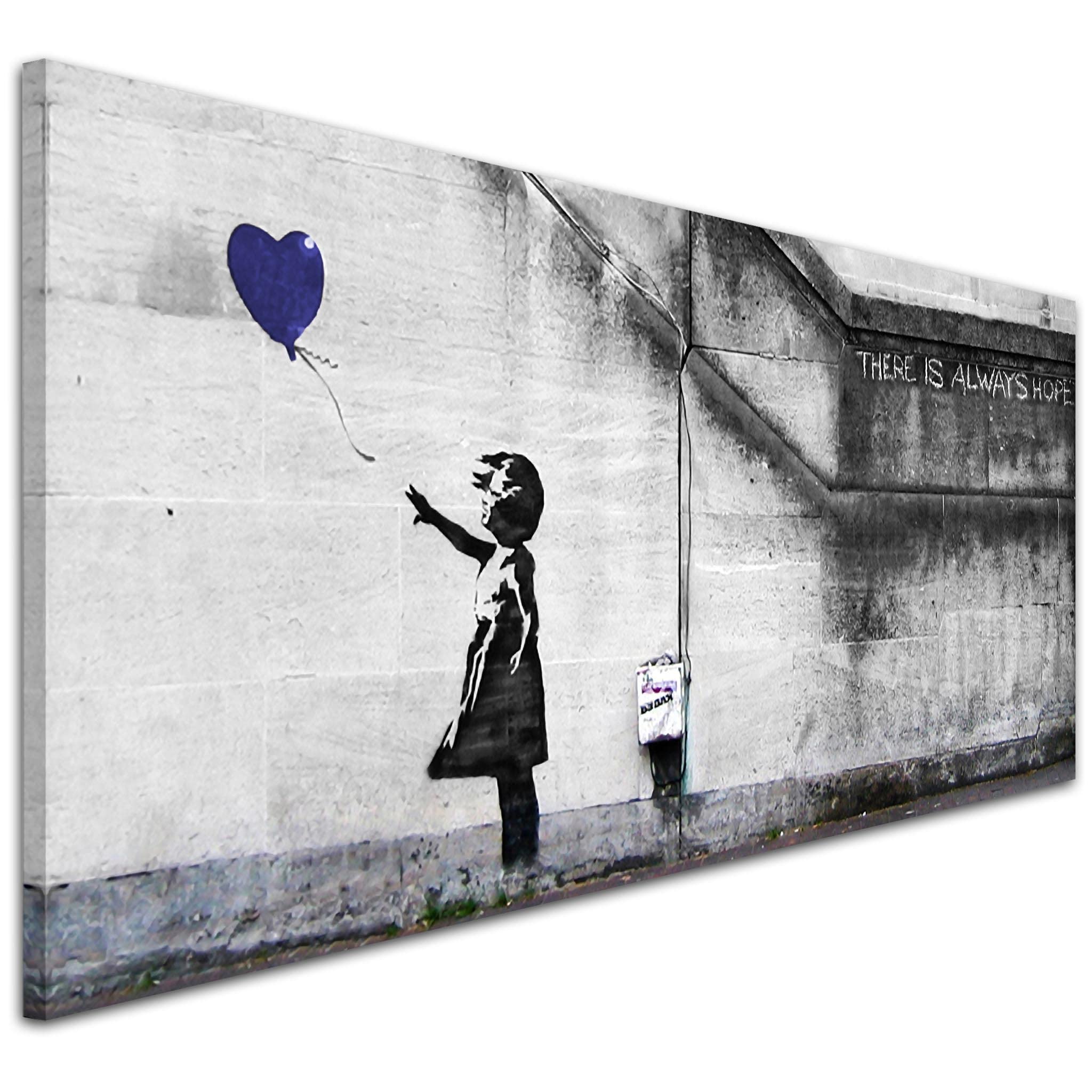 Wallfillers Modern Blue Canvas Wall Art of Banksy Balloon Girl - 1226 Small - 97x40cm