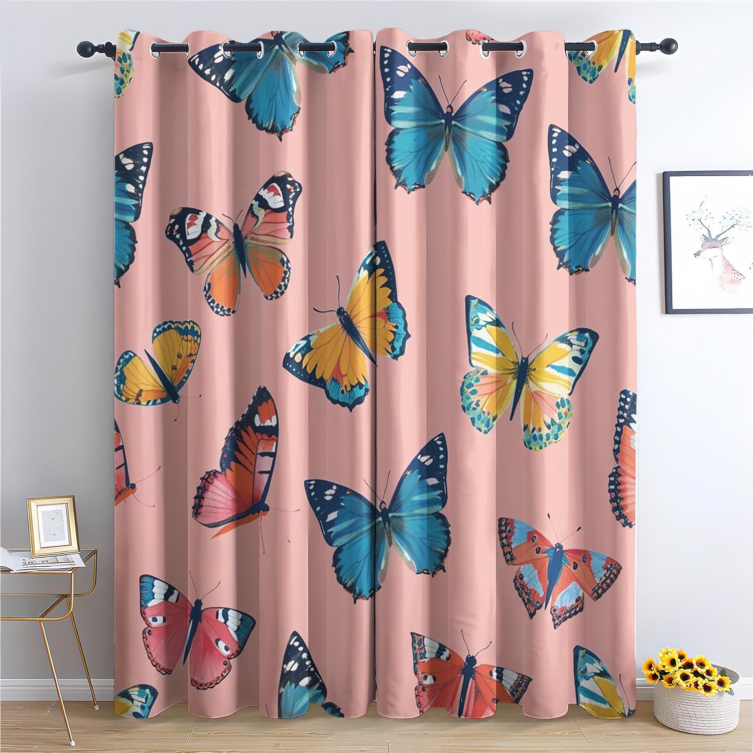 Butterfly Blackout Curtains 84 inch Length 2 Panels Set, Thermal Insulated Room Darkening Grommet Drapes for Living Room & Bedroom, Blush Pink Butterflies Window Treatments & Home Decor