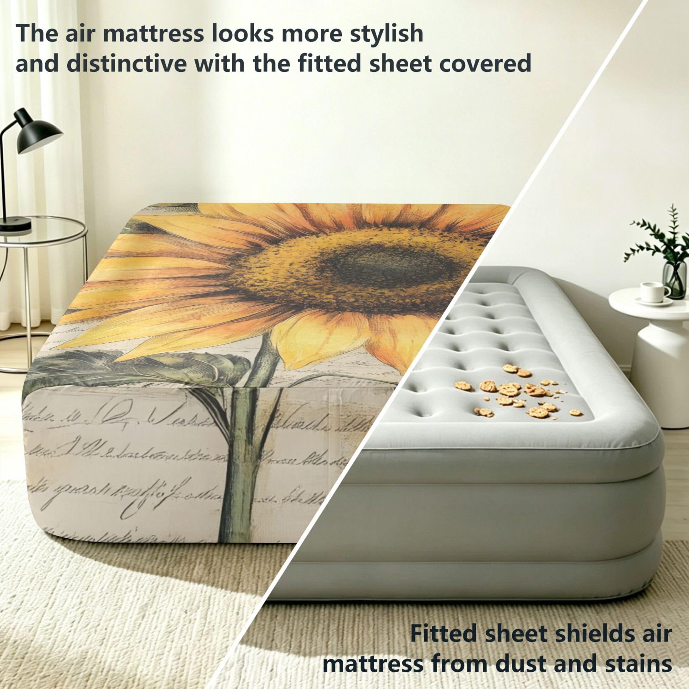 Sábana bajera ajustable de tamaño individual con diseño de girasol vintage para colchón de aire, bolsillo extra profundo de 24 pulgadas, funda suave y transpirable con apertura de válvula de