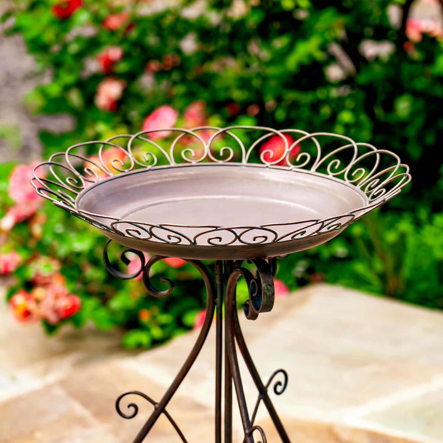 Zaer Ltd. Metal Bird Bath with Folding Stand, 28 Inch Tall, Antique Finish, Indoor/Outdoor (Antique Bronze)