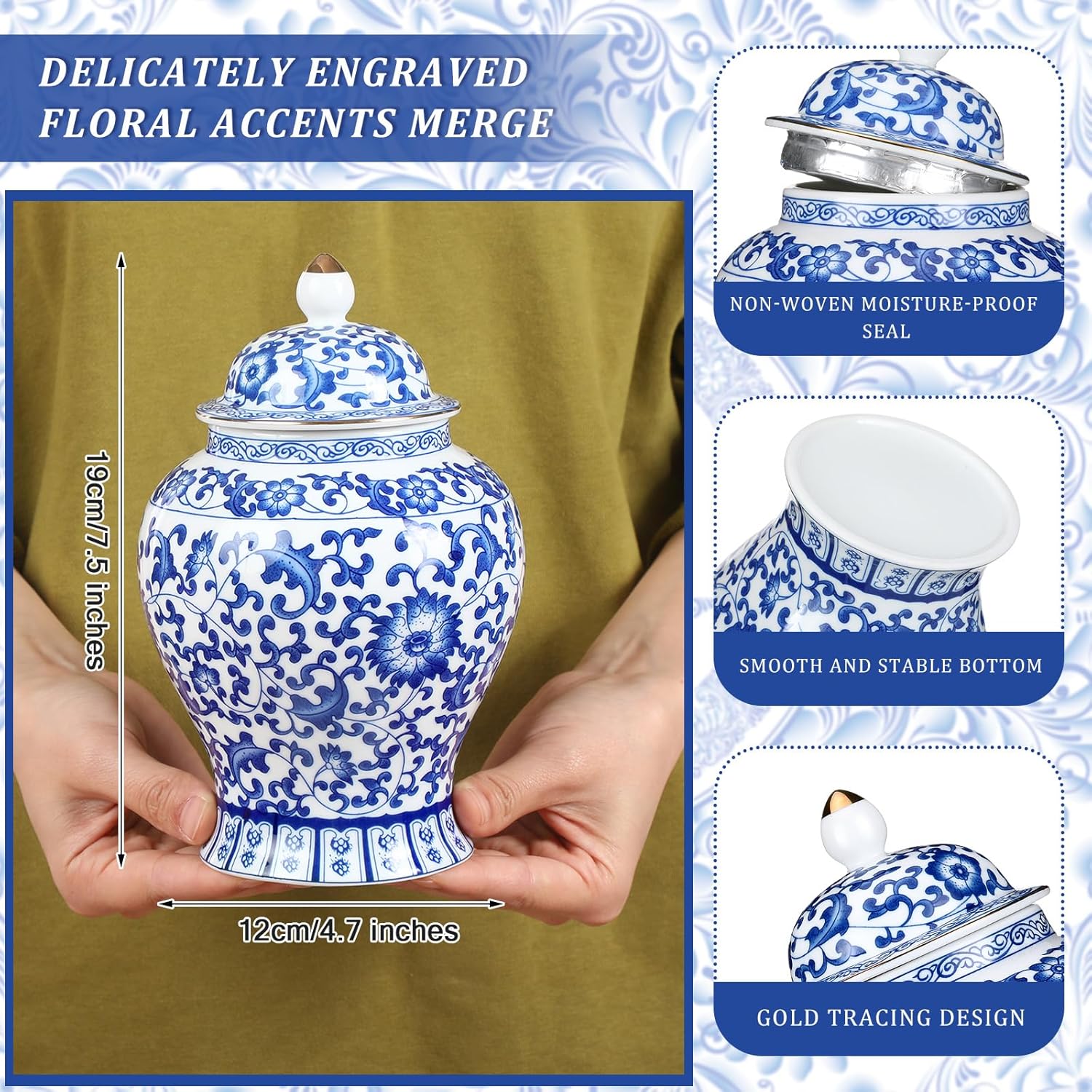 Small Blue Ceramic Cremation Urn for Adult Ashes Exotic Blue and White Porcelain Cremation Urn for Human Beautiful Ceramics Decorative for Pet Dog Cat Funeral Ashes - Image 2