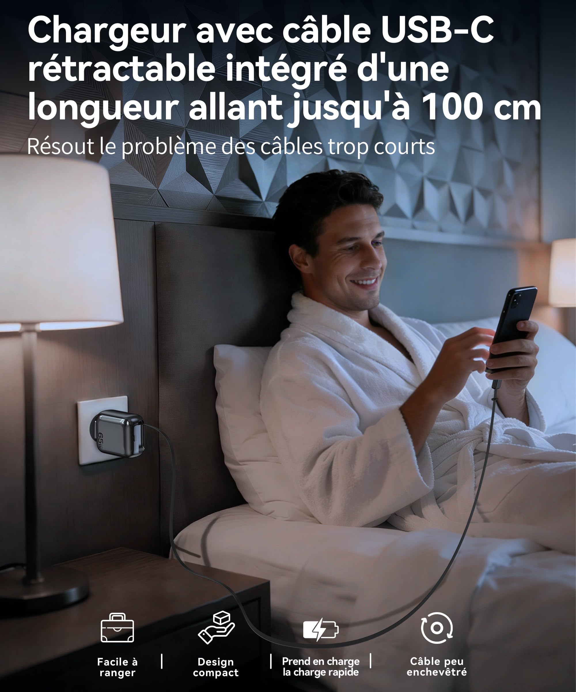 TOPADRE Chargeur USB C 65W, Prise USB C Rapide avec 100CM câble Rétractable