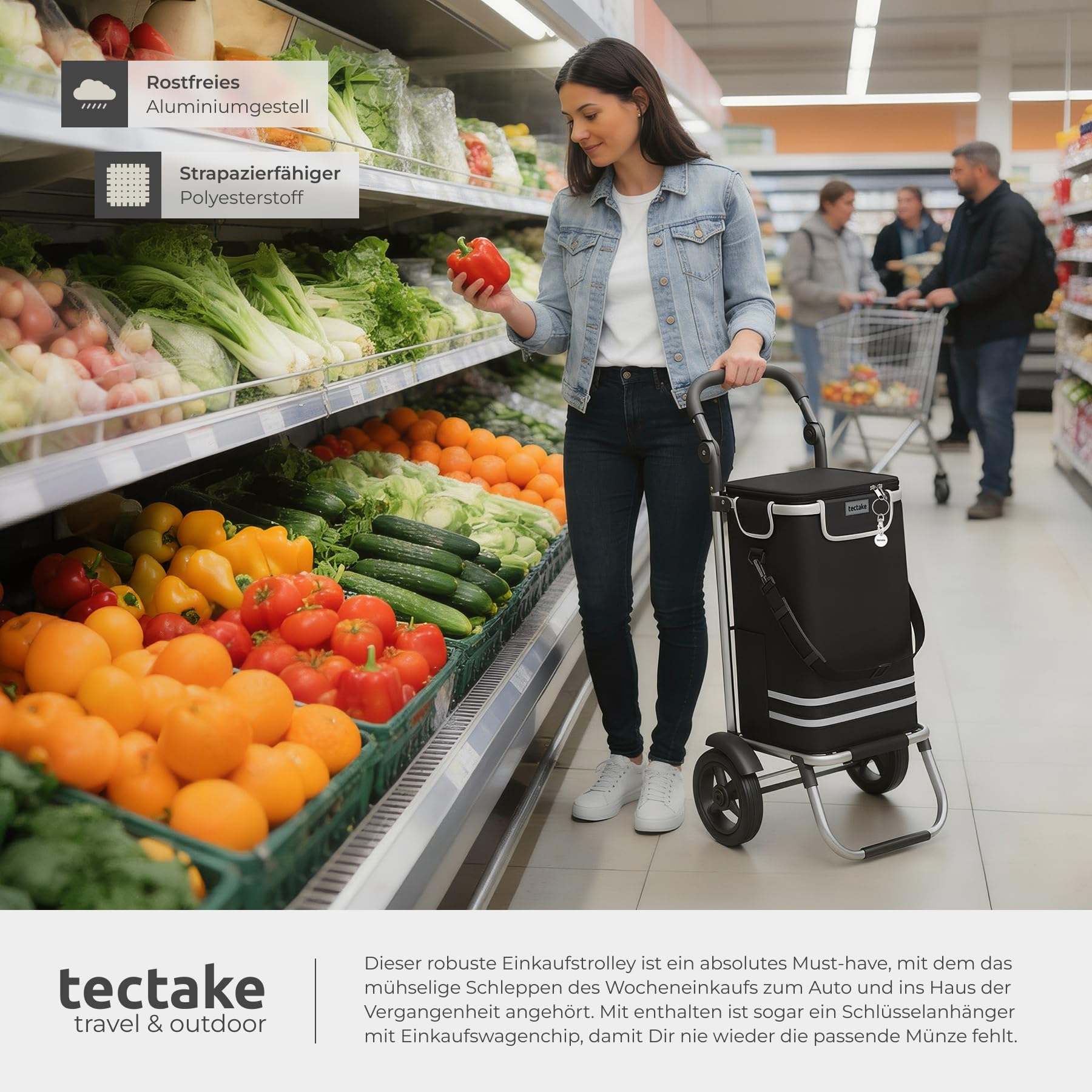 tectake® Einkaufstrolley 3-in-1 klappbar mit Kühltasche, 30 kg belastbar, 45,5 L, Einkaufsroller, Shopper, Sackkarre, Umhängetasche, Trolley Tasche, höhenverstellbarer Griff, Alu Gestell - schwarz