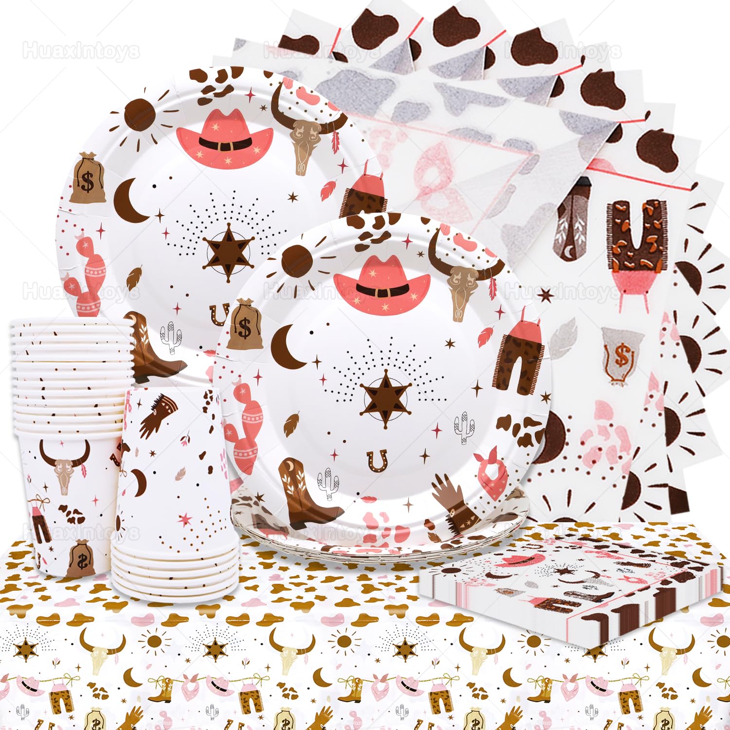 Huaxintoys 61 Piece Western Cowgirl Party Tableware, Pink Western Cowgirl Party Supplies, Rodeo Themed Decorations, Cowboy Birthday Paper Plates, Cups, Tablecloths, Napkins for Birthday