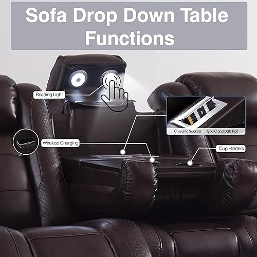 Miniatura 3 de THSUPER Sofá reclinable de cuero marrón para sala de estar, juegos de muebles con almacenamiento de brazos y reposacabezas eléctrico, juego de sofá