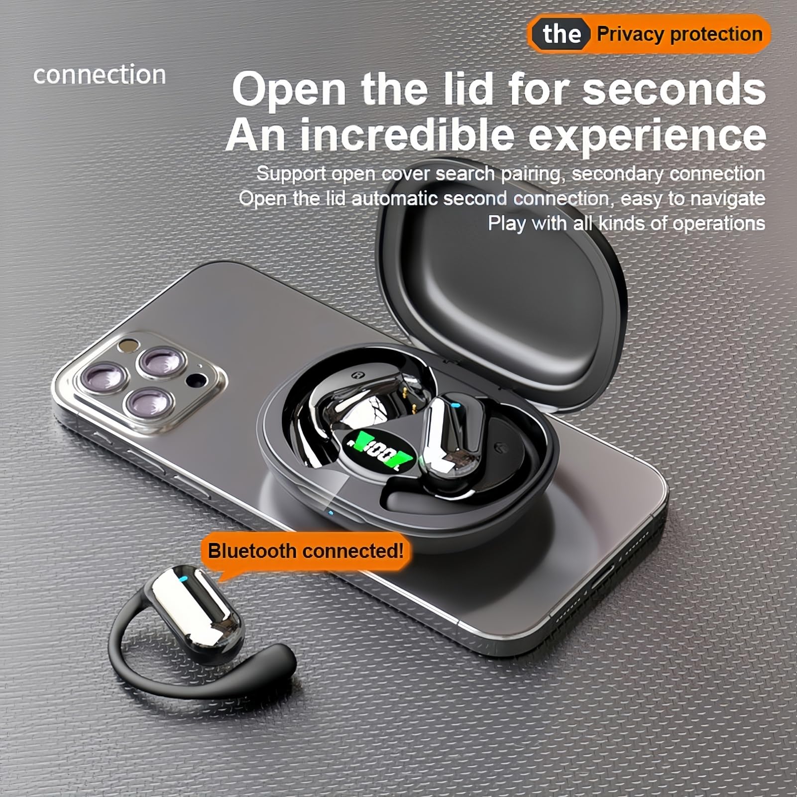 JIMBOBO Écouteurs ouverts Bluetooth 5.4 sans fil à conduction d'air avec micro tour d'oreille, 50 heures d'autonomie, écran LED, étui de charge, casque de sport confortable pour la course, le fitness