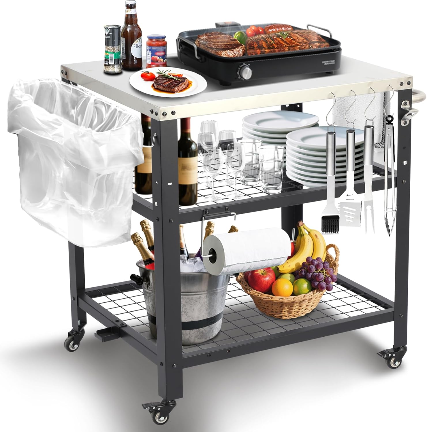 GRILL DEPORTS Outdoor Pizza Oven Table 32x24 inch, Heavy Duty Stainless Steel Grill Stand with 3 Shelves, Portable Kitchen Prep Cart on Wheels for Patio Garden BBQ