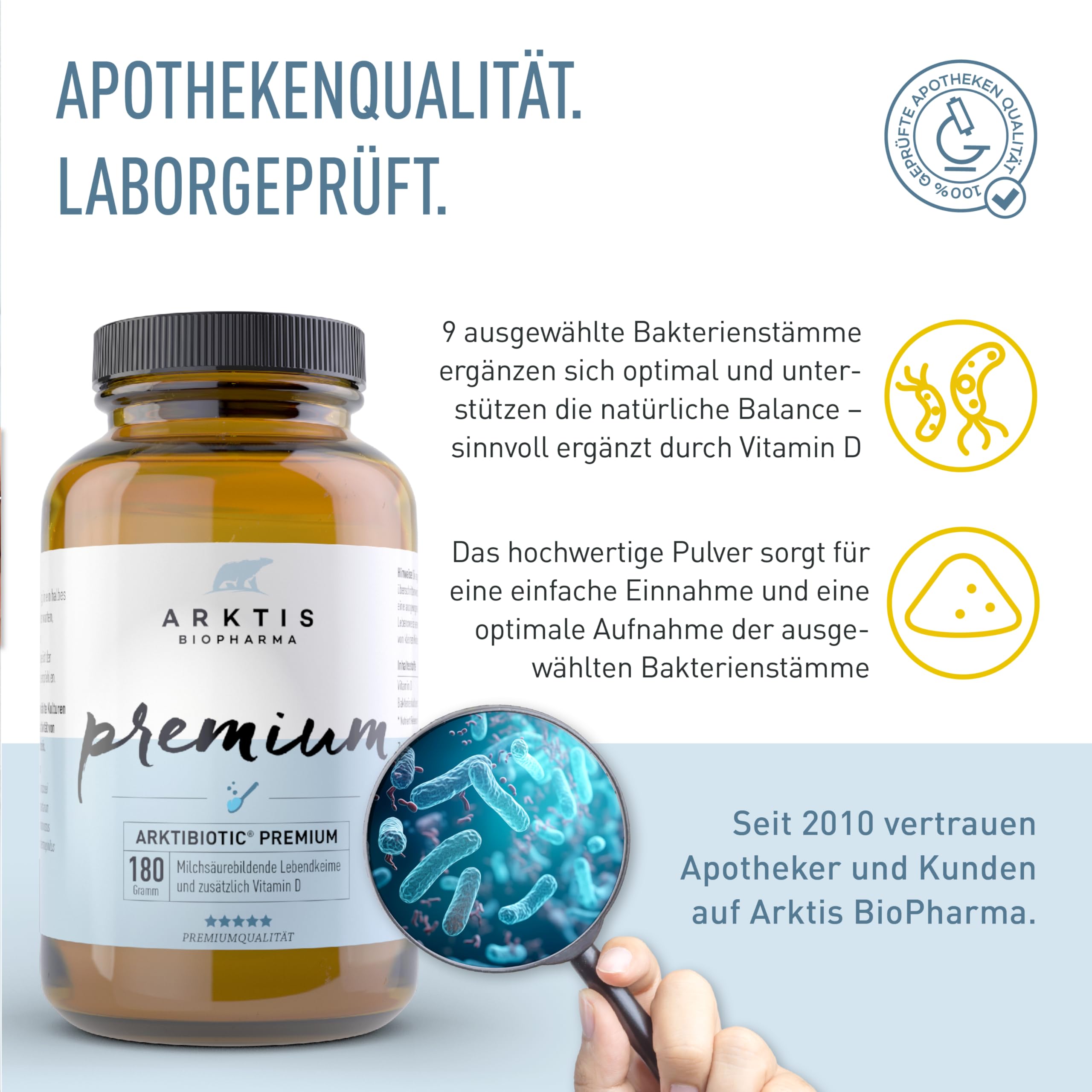 Arktibiotic Premium 180g Probiotika in Apothekenqualität + Vitamin D | Tägliche Darmkur mit 9 Milchsäurebakterien für Immunsystem & Verdauung