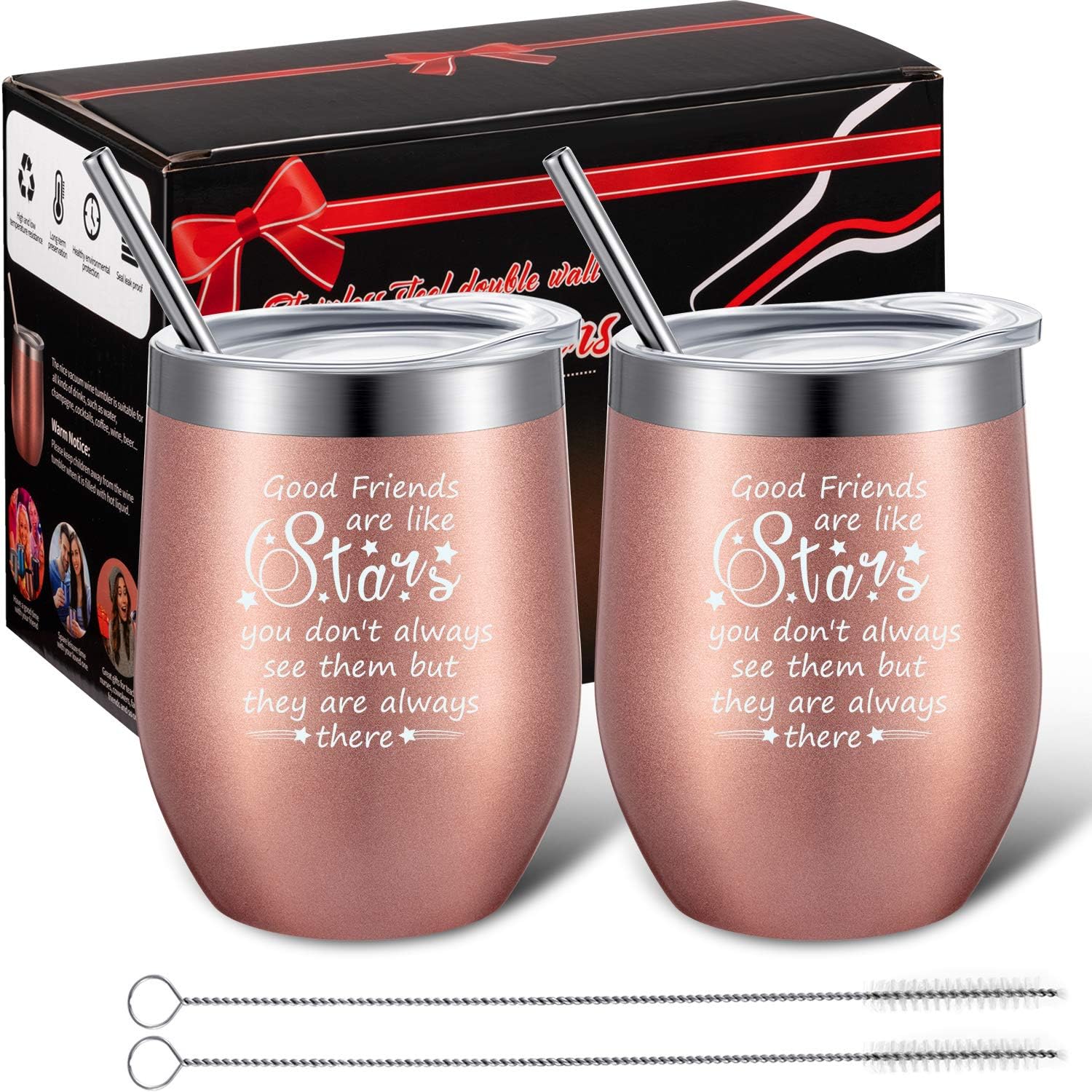 Boao2 Pack Good Friends Are Stars Wine Tumbler Cup, Christmas Friendship Gift, Funny Birthday Xmas Gift for Women, BFF, Coworkers, Sister Tumbler Mug with Gift Box (12 oz)