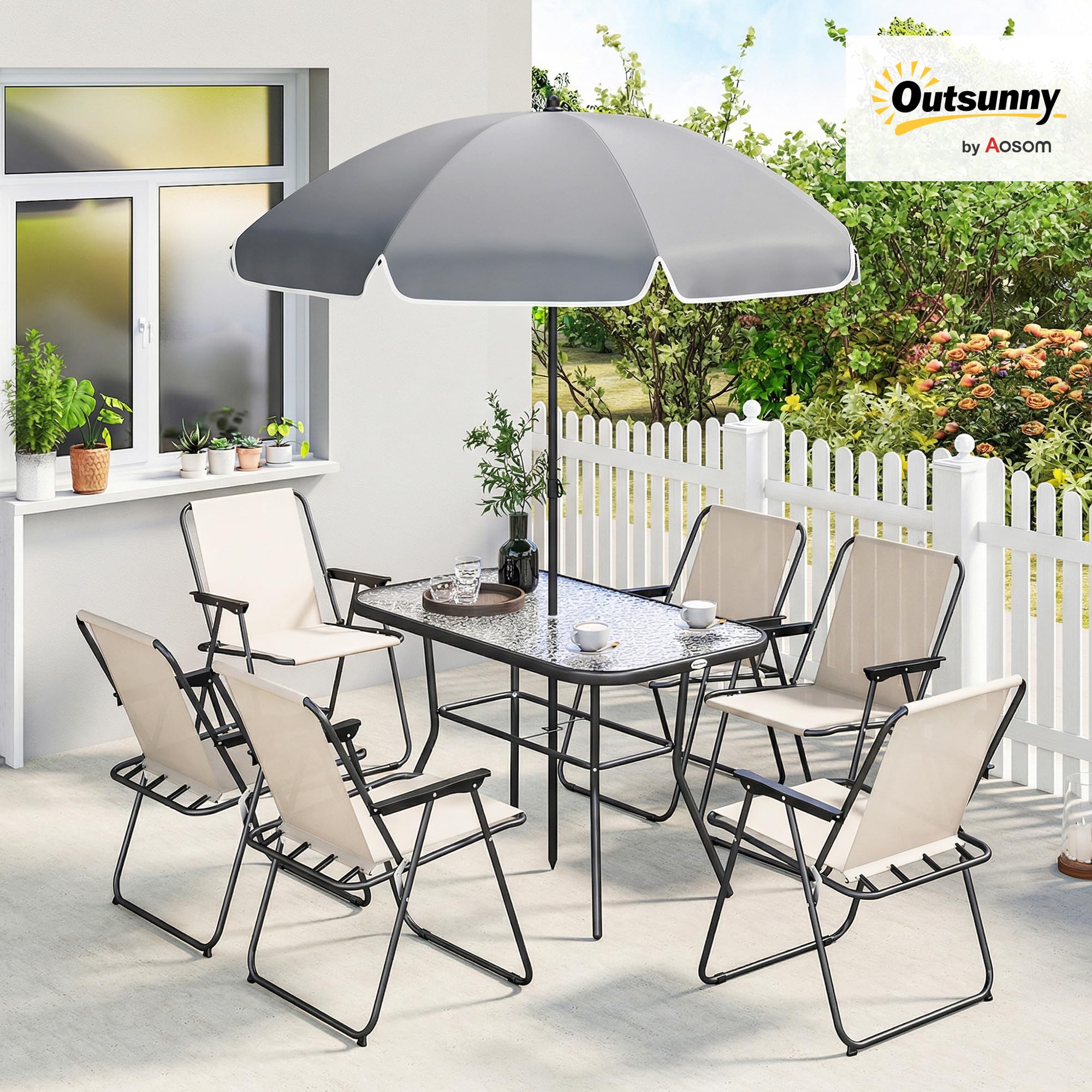 Outsunny Conjunto de Mesa y Sillas Jardín de 8 Piezas, Muebles de Jardín Exterior con Sombrilla, 6 Sillas Plegables, Mesa de Vidrio Templado, para Terraza, Patio, Crema - 2