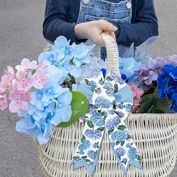 2 Rolls 20 Yards Hydrangea Flower Wired Edge Ribbon Watercolor Blue Purple Floral Summer Fabric Craft Ribbon for Gift Wrapping Bow Wreath Making Craft Supplies