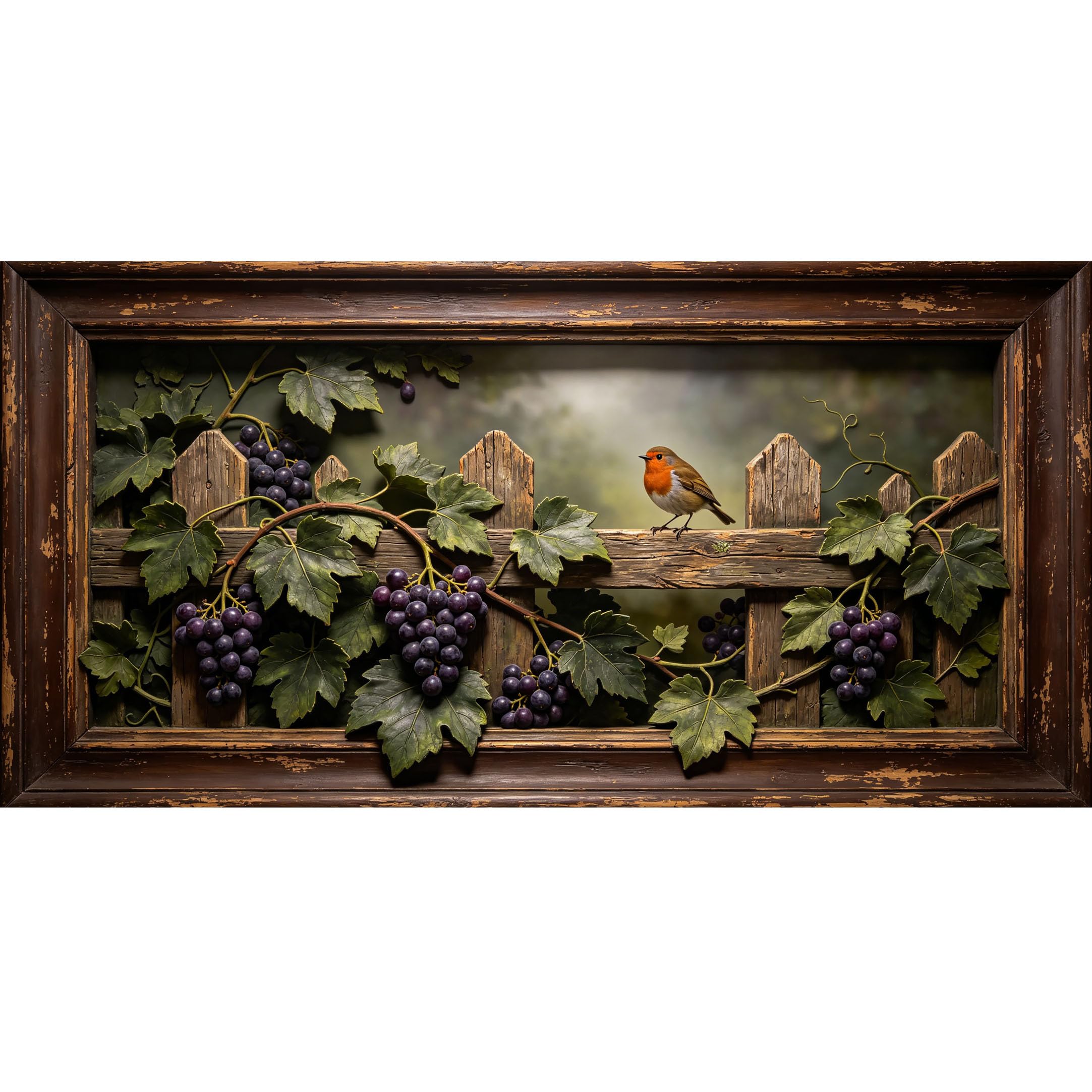 Agglomerix 3D Framed Wall Art Farmhouse Vineyard Bird Grapes Wooden Fence Botanical Relief Large Size Self-Adhesive Removable Wall Decor Prints Artwork for Living Room Bedroom Office