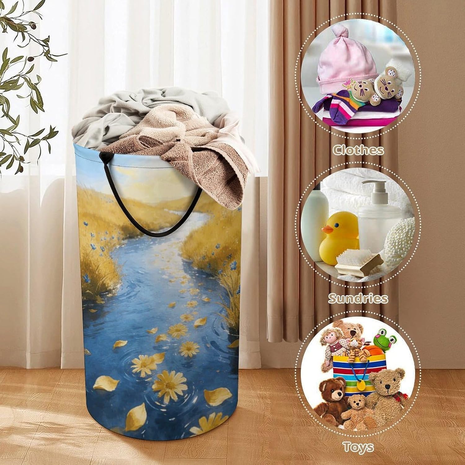 Yellow Blue Laundry Hamper with Handles Waterproof Collapsible Laundry Basket Large Lightweight Round Dirty Clothes Hamper for Home Dorm Bathroom Decor