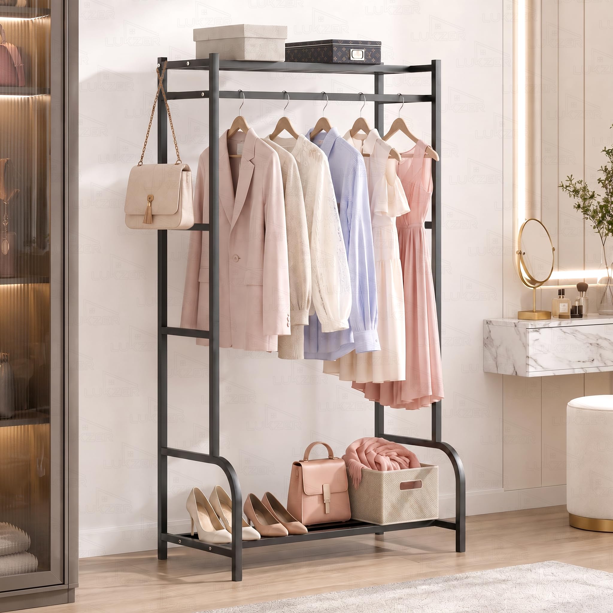Lukzer Metal Cloth Stand with Bottom Shelf | Freestanding Garment Stand for Hanging Clothes, Towels & Shoes | DIY Storage Organizer Rack for Bedroom, Laundry, Balcony & Entryway (Black/80x150x43 cm)