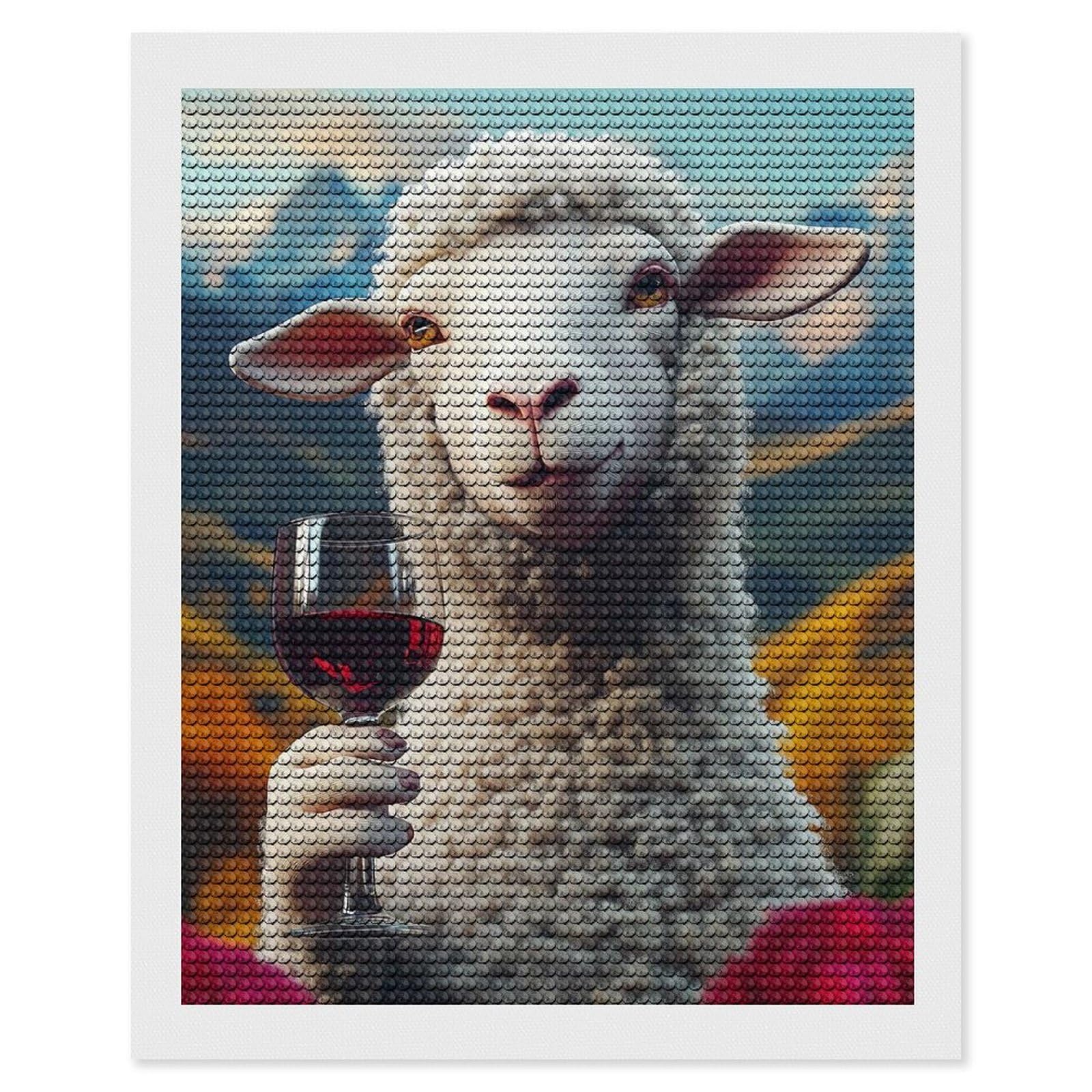 Junmoney Sheep with Wine Funny Meme Diamond Painting Canvas Set 16"x20", Boho Decor, for Craft Lovers, Easy Handmade Project, Holiday Gift Idea